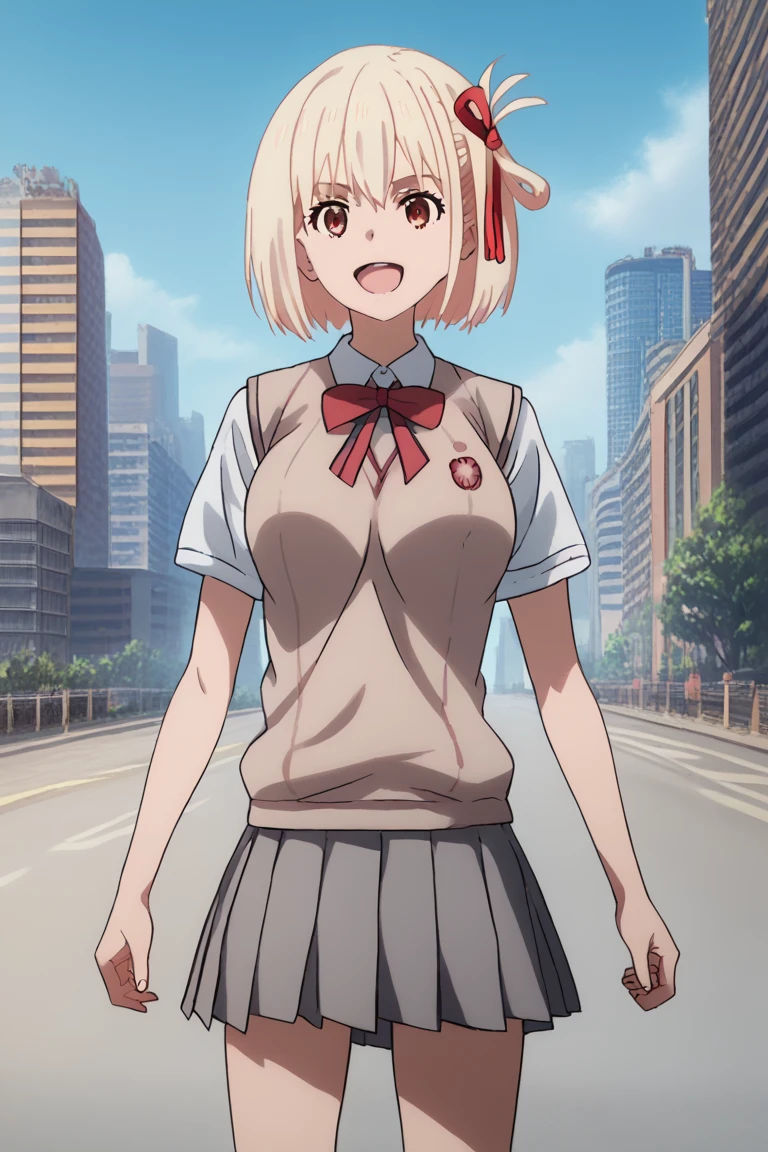 chisato nishikigi, short hair, bangs, blonde hair, red eyes, hair ribbon, one side up, bob cut, large breasts, skirt, shirt, school uniform, white shirt, short sleeves, pleated skirt, grey skirt, sweater vest, tokiwadai school uniform, smile, open mouth, from front, looking at viewer, clear sky, city, building, road, full-body shot, masterpiece, best quality, ultra-detailed, high resoolution, 8K, detailed background, dynamic moving, detailed face,