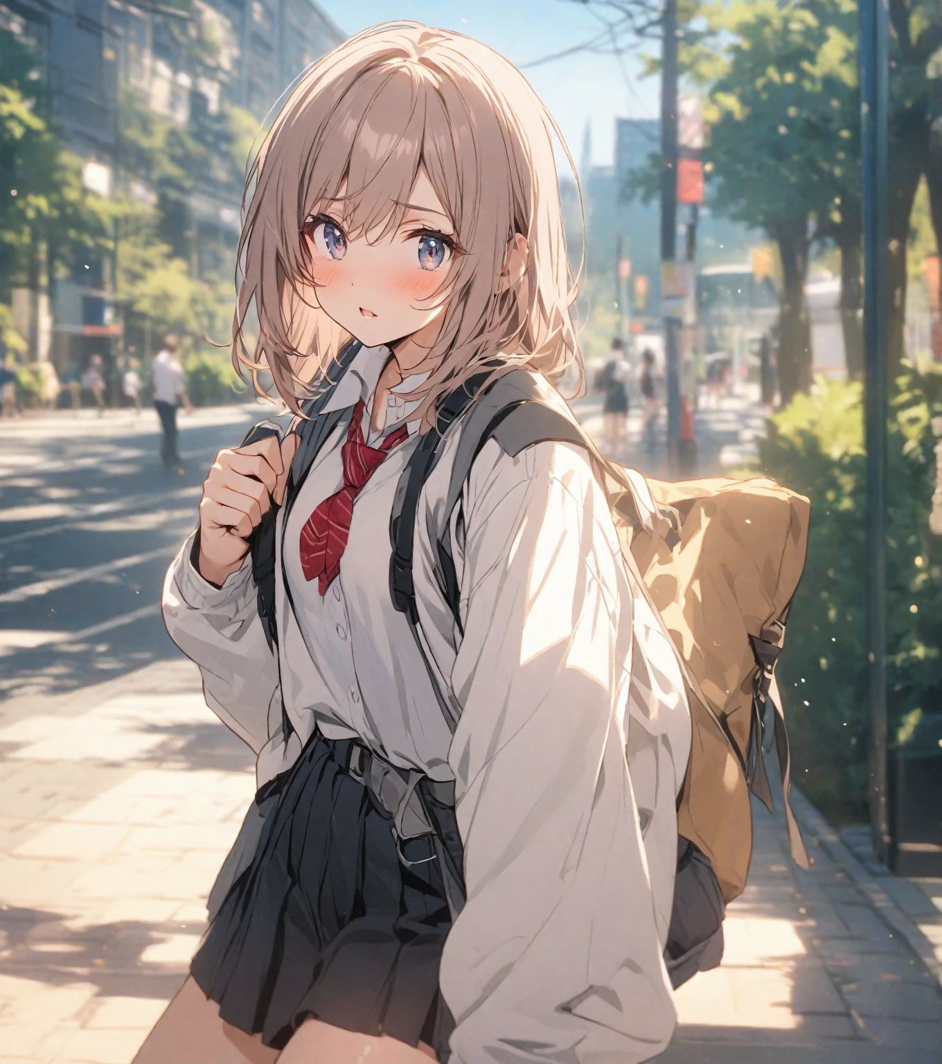 Anime style cute girl wearing JK costume on the way from school