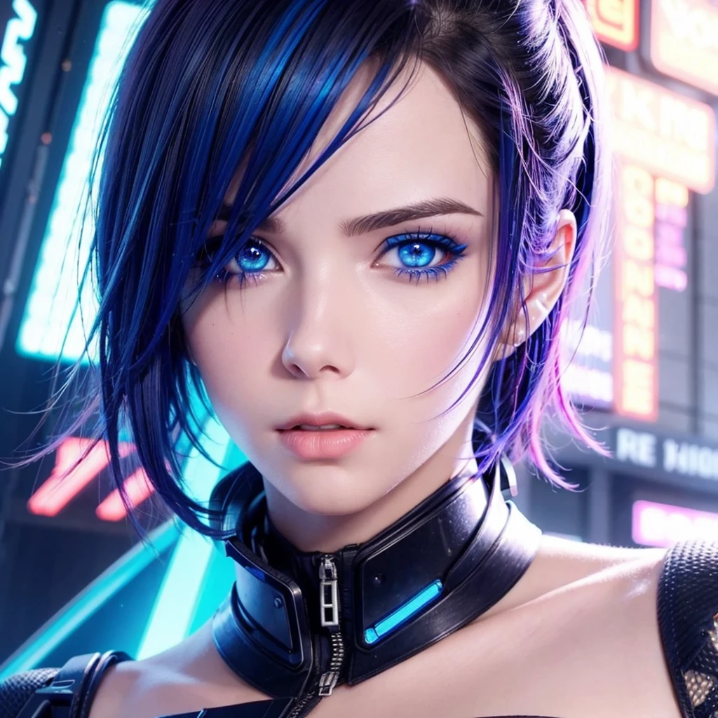 A pretty cyberpunk girl with neon blue eyes and neon lights in the background,  best quality ,  short hair and combed ,   extremely detailed ,  High resolution,  high contrast ,  high definition ,  perfect proportions ,  high saturation , perfect asymmetry , bright, FIRST WORK