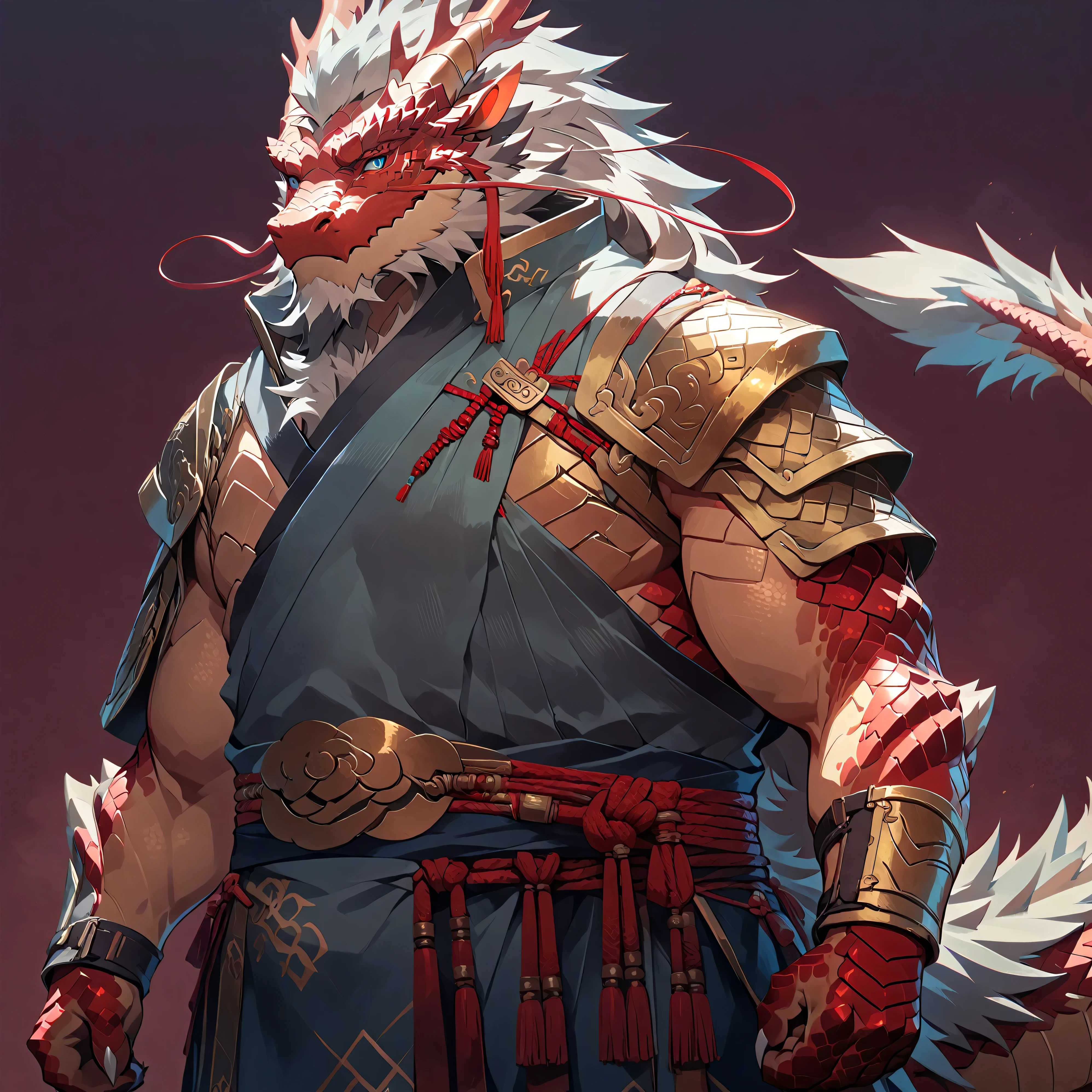 ### Main Character & Identity
(Oriental Dragon Furry:1.3), Strong muscular male, Mature Dragon, (Front view:1.2), Three-quarter body portrait, (anime style:1.2), (cartoon style:1.1)
### Physical Characteristics
(exposed muscular chest:1.3), (defined arm muscles:1.2), (visible strong thighs:1.2), (clear abdominal muscles:1.3), (heroic pose:1.2)
### Dragon Characteristics
blue eyes, majestic antlers, flowing beard, (metallic red scales:1.8), white chest scales, gray mane, dragon tail, (detailed scale texture:1.4), sharp dragon claws
### Armor & Clothing
light oriental armor, minimal shoulder guards, (open chest design:1.3), arm bracers, waist armor, combat skirt, (exposed muscular areas:1.4)
### Background
(solid color background:1.3), (clean simple background:1.2)
### Quality Requirements
(masterpiece:1.4), best quality, ultra detailed, perfect lighting
