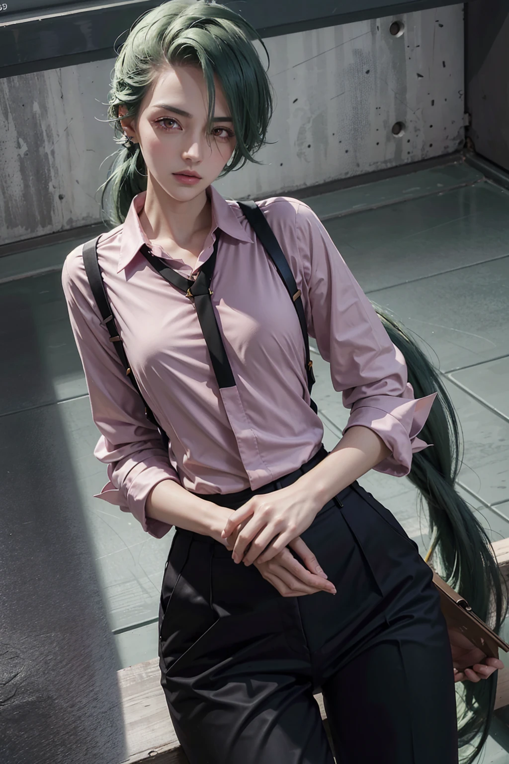 photorealistic,       high resolution    , miss, Shining Skin,  Unique, Tattoo, Jewelry,      Pink Lips   , Long hair,   Green Hair ,     red eyes,   Brown Suit Top     ,Purple tie， black pants ，  Battle Background 