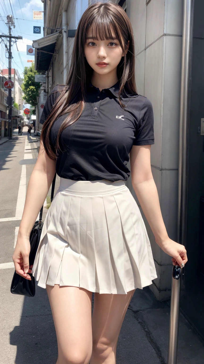 masterpiece, best quality, illustration, Super detailed, fine details, High resolution, 8K,wall paper, perfect dynamic composition,(Details High quality, realistic depiction of eyes:1.3), (Fashionable, with soft pastel colors, black skirt, pernas nu, camisa polo preta, uniform soccer, ambiente urbano), straight hair, large breasts, black hair color, Big Natural Color Lip, (perfect body shape), crying a little、Harajuku style、20 year old girl、cute type、lolita、beautiful legs, hotel room, Gravure Idol