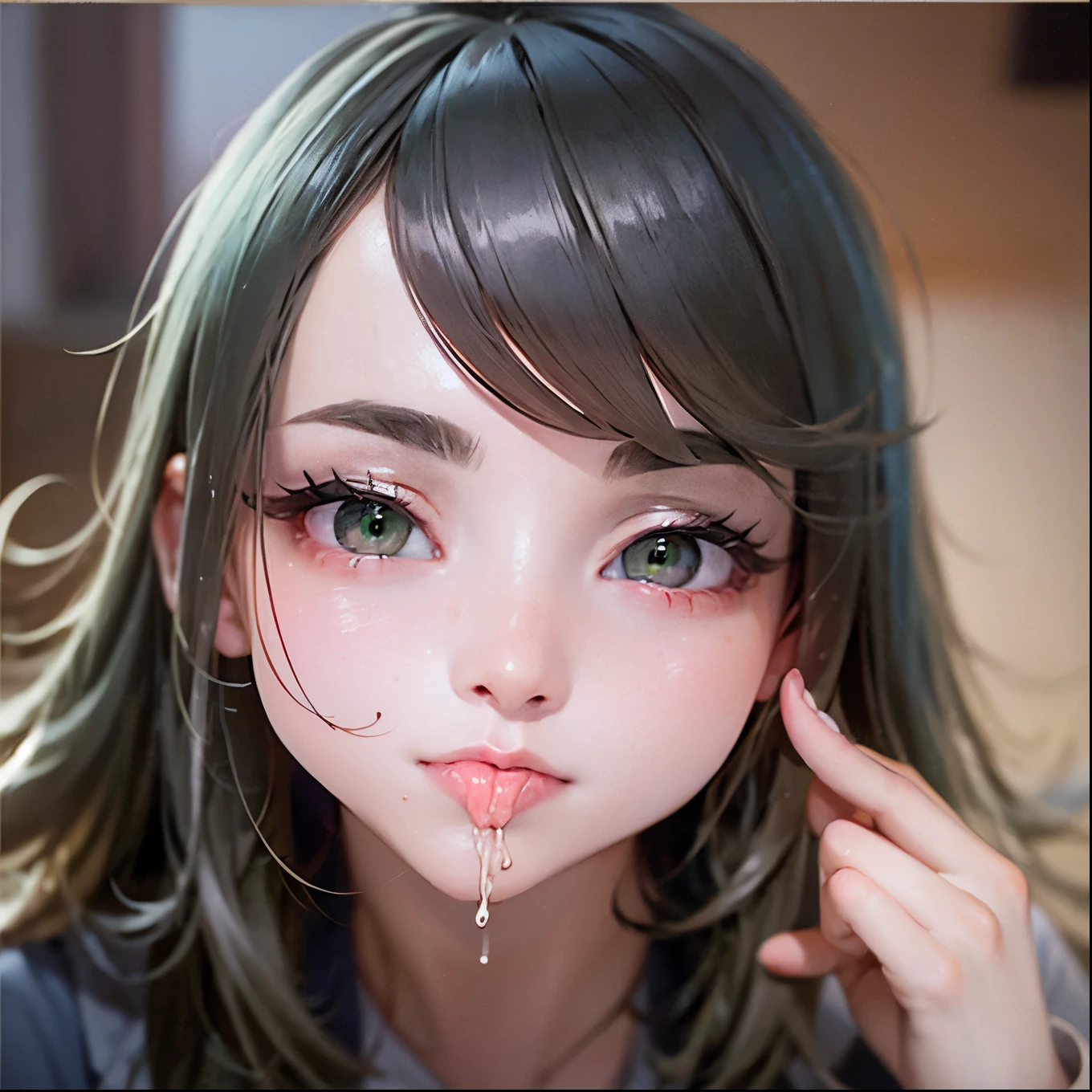 1 girl, to throw, Fellatio with caress on the cheek, ( cheek bump:1.2), For the green, green eyes, black dress,, [1 :board:2], saliva, only focus,  Head Tilt,  Best quality,pen, kitchen
