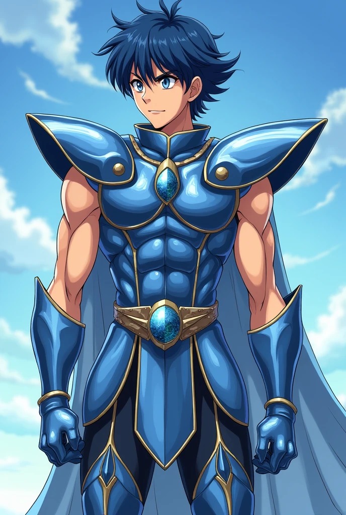 Anime man+light blue skin+ medieval setting+golden eyes+muscular body