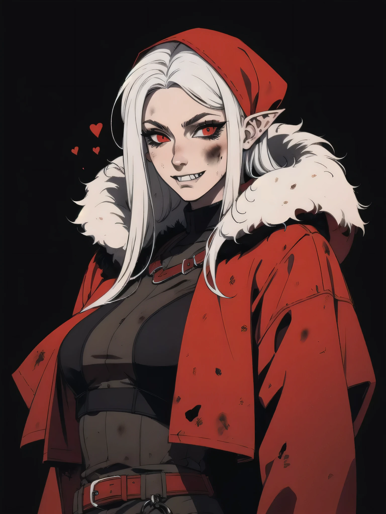 Character design sheet, same character, front, side, back), Masterpiece, best quality, 8k, dramatic lighting, 1girl, (((colorless skin, white skin))), white hair, solo, (long hair, straight hair), red eyes, snake eyes, pointed ears, red eyeliner, looking at viewer, black leather vest, red hair streaks, dark background, upper body, small breasts, albino,(mature female, eye wrinkles), ((ragged clothes, long sleeve , torn clothes, dark gray clothes, fur lined hood, wearing rags, red cloak)), ((dirty clothes)), ((vampire fangs))