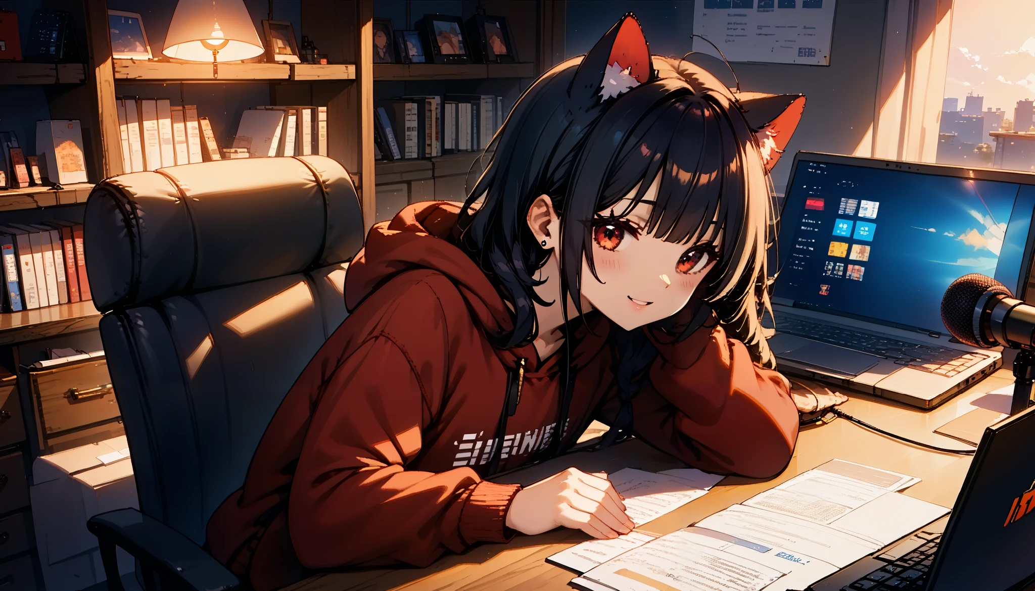  An 18-year-old girl with black hair ,  straight bangs , cat ears,  vibrant and attractive anime-style red eyes with an elegant-looking computer desk . He wears a black and red hoodie with the channel name “Pixel Chibi” written on it . In front of her, On the desk, there is a laptop  , ,  along with a microphone and several recording equipment  .  in the background ,  a gold YouTube playback button with the name “Pixel Chibi”  .  A room has a modern YouTube studio aesthetic with professional lighting  . make the character stand out .  The image is very attractive and attractive  , with a 16:  with a ratio of 9 ,  perfect for an avatar that speaks with artificial intelligence  .