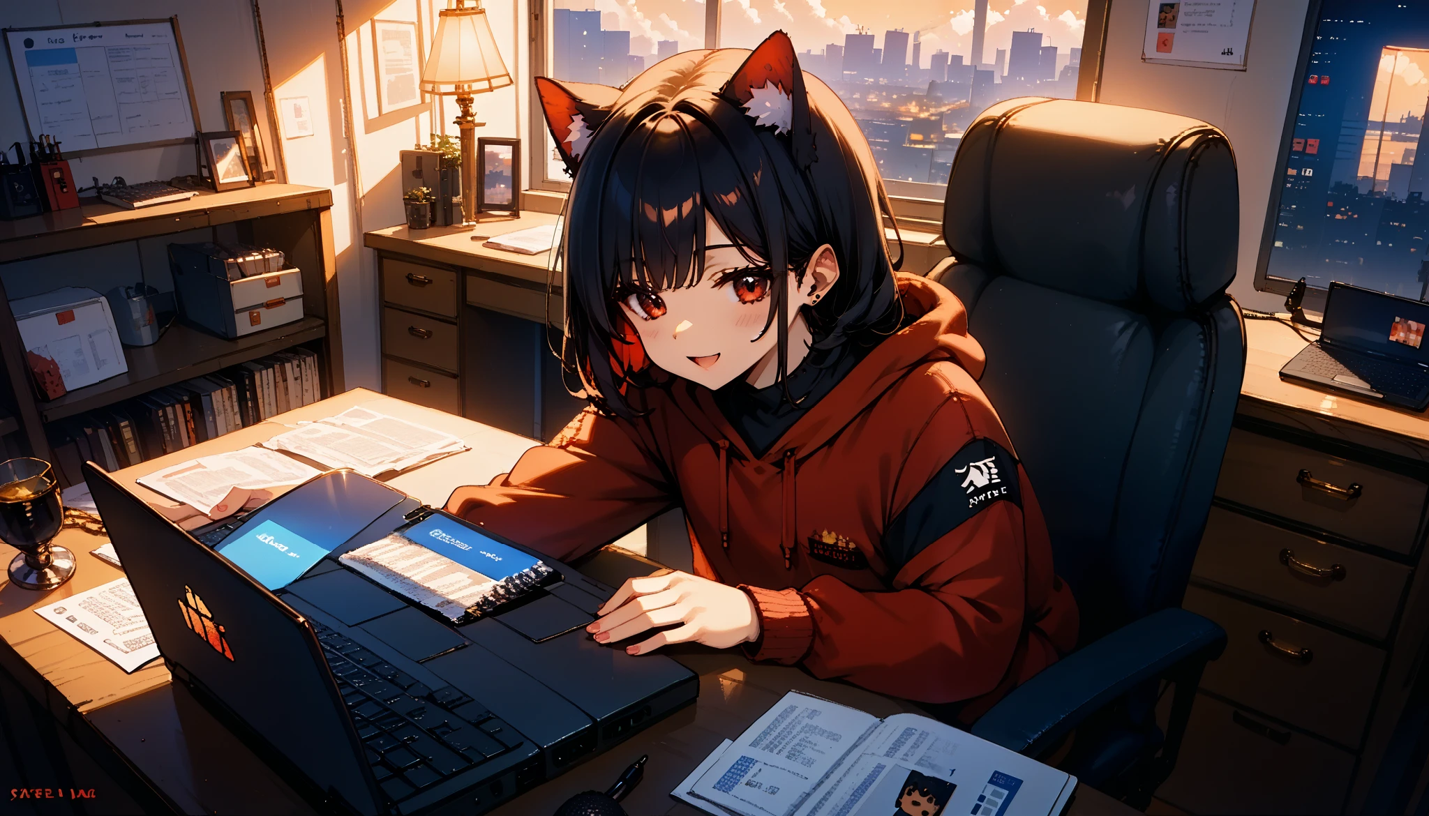  An 18-year-old girl with black hair ,  straight bangs , cat ears,  vibrant and attractive anime-style red eyes with an elegant-looking computer desk . He wears a black and red hoodie with the channel name “Pixel Chibi” written on it . In front of her, On the desk, there is a laptop  , ,  along with a microphone and several recording equipment  .  in the background ,  a gold YouTube playback button with the name “Pixel Chibi”  .  A room has a modern YouTube studio aesthetic with professional lighting  . make the character stand out .  The image is very attractive and attractive  , with a 16:  with a ratio of 9 ,  perfect for an avatar that speaks with artificial intelligence  .