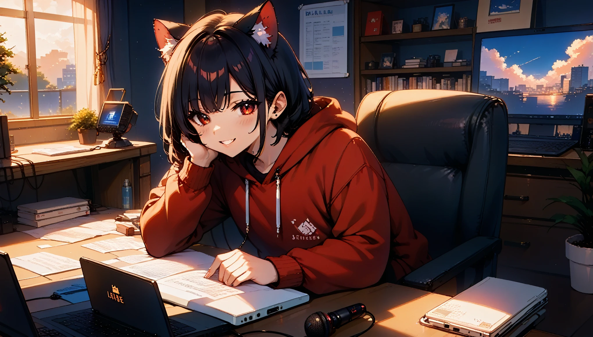  An 18-year-old girl with black hair ,  straight bangs , cat ears,  vibrant and attractive anime-style red eyes with an elegant-looking computer desk . He wears a black and red hoodie with the channel name “Pixel Chibi” written on it . In front of her, On the desk, there is a laptop  , ,  along with a microphone and several recording equipment  .  in the background ,  a gold YouTube playback button with the name “Pixel Chibi”  .  A room has a modern YouTube studio aesthetic with professional lighting  . make the character stand out .  The image is very attractive and attractive  , with a 16:  with a ratio of 9 ,  perfect for an avatar that speaks with artificial intelligence  .