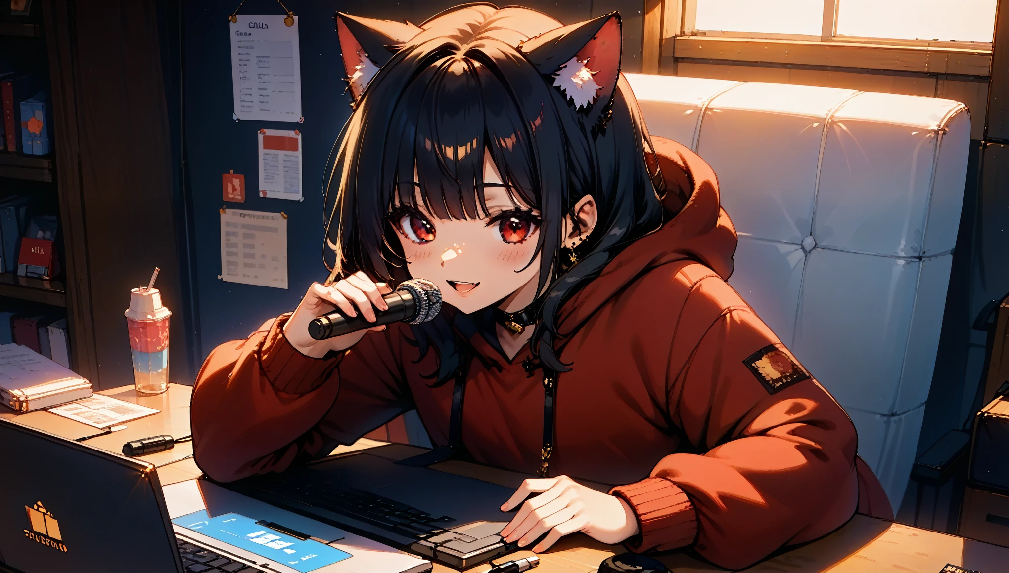  An 18-year-old girl with black hair ,  straight bangs , cat ears,  vibrant and attractive anime-style red eyes with an elegant-looking computer desk . He wears a black and red hoodie with the channel name “Pixel Chibi” written on it . In front of her, On the desk, there is a laptop  , ,  along with a microphone and several recording equipment  .  in the background ,  a gold YouTube playback button with the name “Pixel Chibi”  .  A room has a modern YouTube studio aesthetic with professional lighting  . make the character stand out .  The image is very attractive and attractive  , with a 16:  with a ratio of 9 ,  perfect for an avatar that speaks with artificial intelligence  .