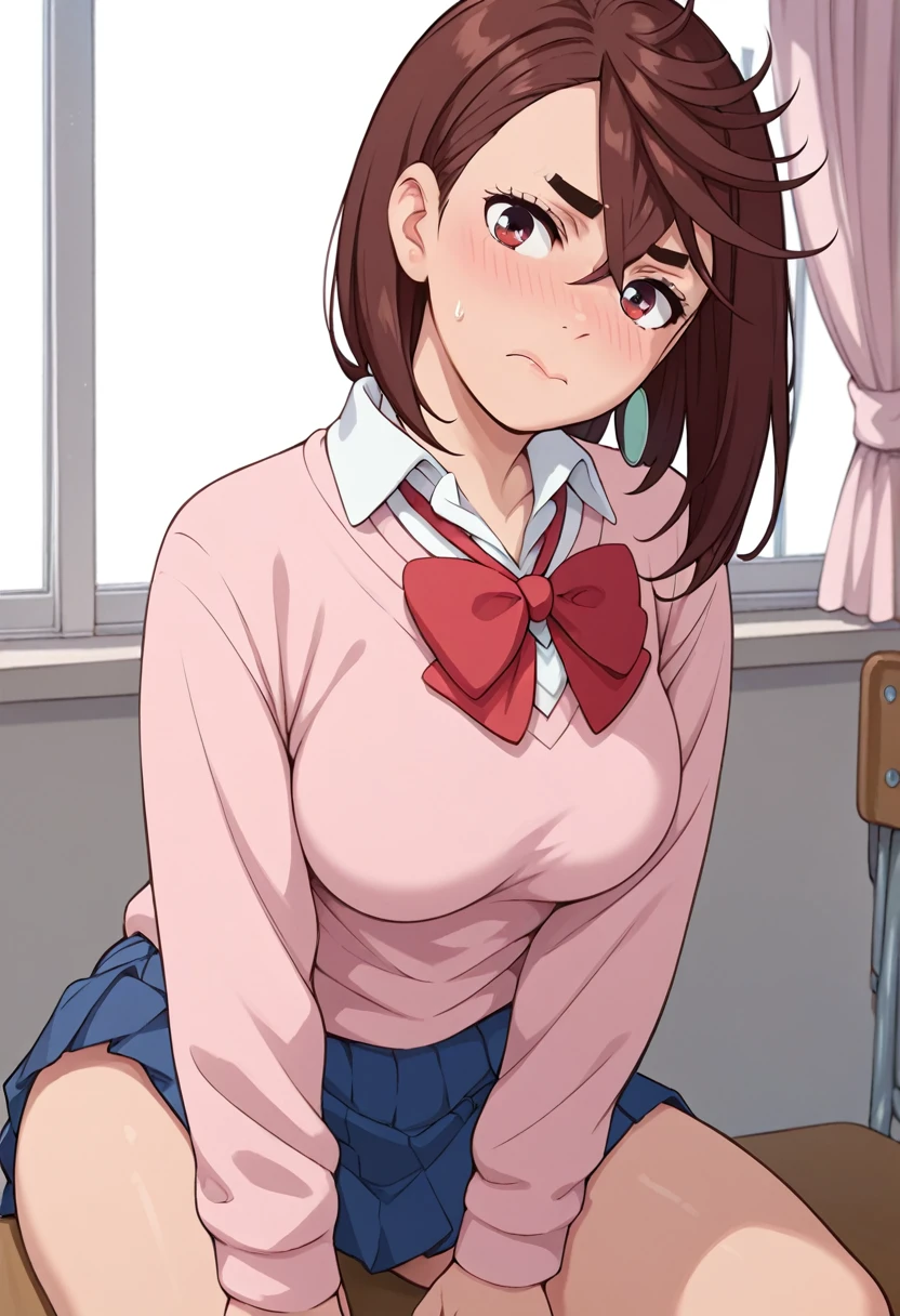 momo ayase, short hair, brown hair, brown eyes, bangs, thick eyebrows, large breasts, School uniform, posing embarrassed, red face, 