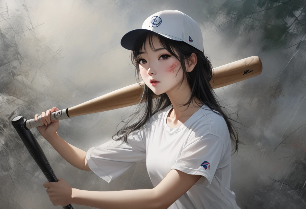 (realistic:1.4). (masterpiece:1.4), (32k), a beautiful korean girl，full body, real-life painting, rendering，Facial texture is clear，white baseball sutie, shorts, messy strokes, a baseball bat in hand,
