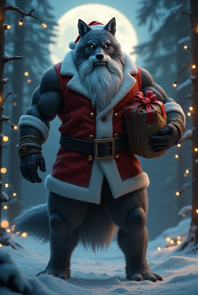 moritaka, santa claus outfit, smile, bulge,male focus, yellow eyes, muscular, muscular male, (pose), (posing), (soft shading), 4k, hi res, (full body), (livingroom),(christmas tree, presents), <lora:moritaka-08:1>