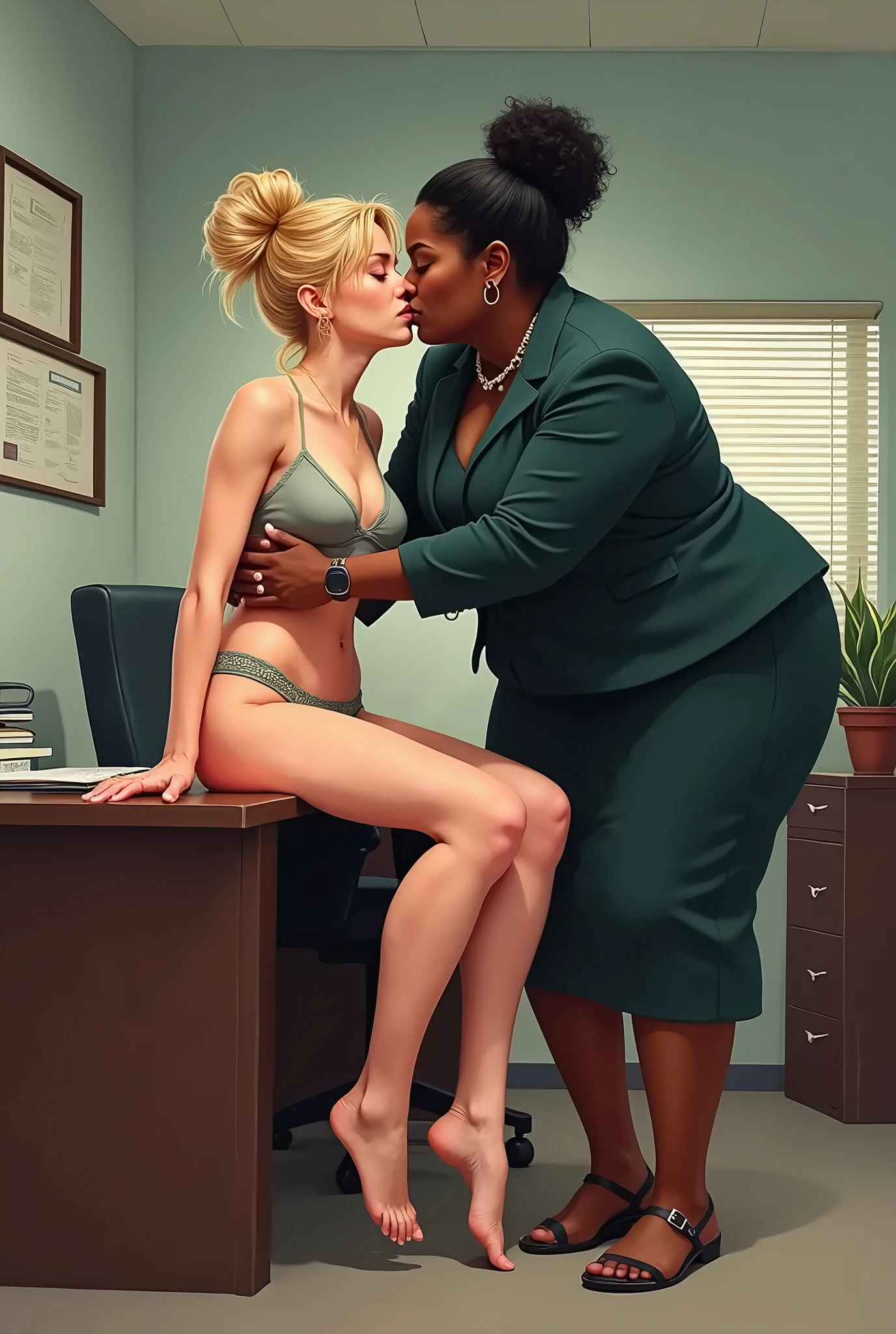 score_9, score_8_up, score_7_up, score_6_up, adult beautiful woman,   (chiaroscuro lighting)  source_cartoon,   f3rn4nd0, (line art) , 
1female, heavy make-up, 
(Veronica Lake) , orange-fire hair,   ,(long hair), (peek-a-boo hair),  (hair over one eye)   ,
 ,large breasts, 
 thin female, (strapless plunging mini-dress),    ((cleavage)),  (decolletage), submissive , 
,
sitting in chair, back office, job interview,
(1male), 
 coerced , large black cock, timid fellatio, tongue on head,   (ugly African male),,