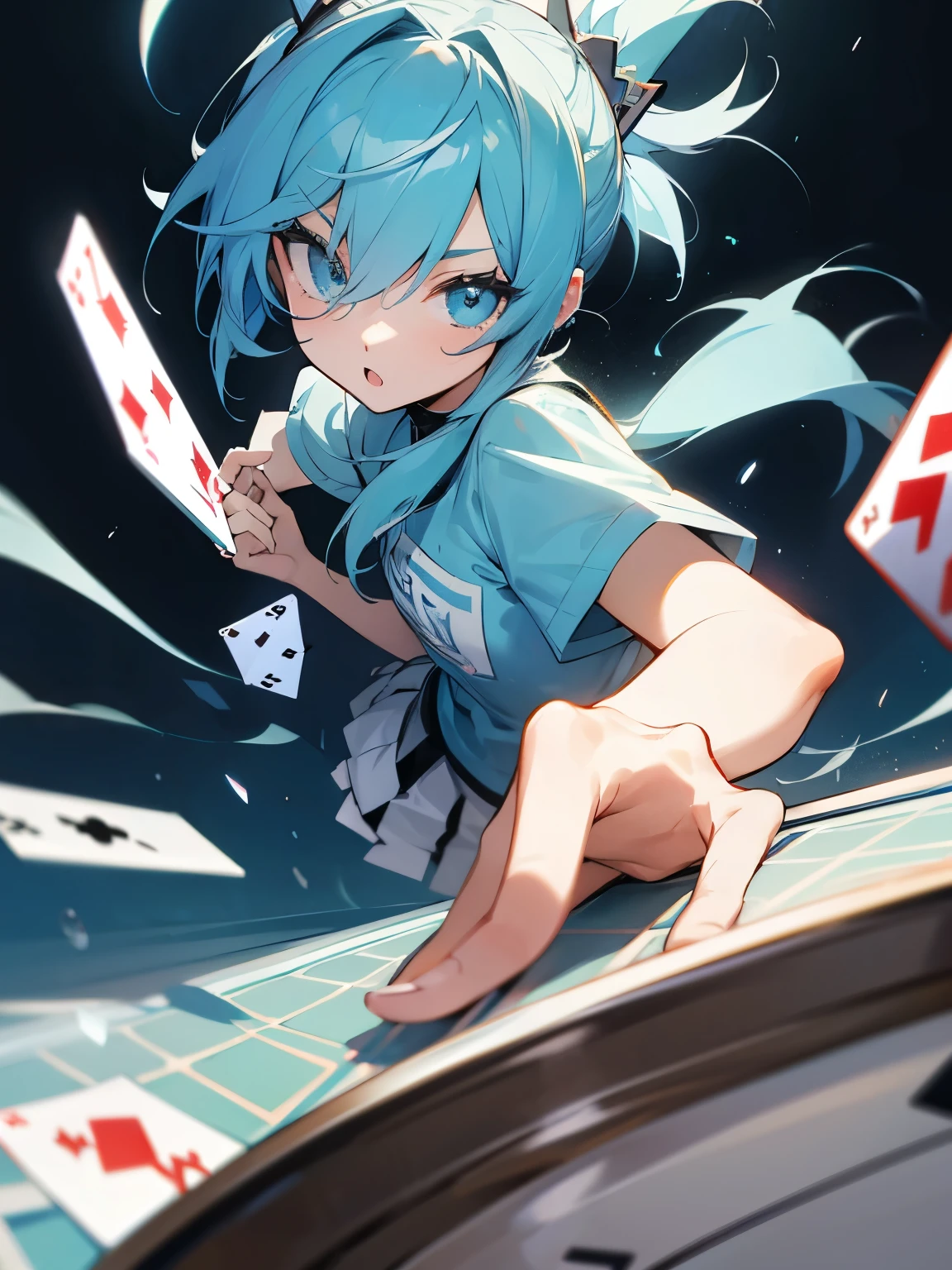 Girl with playing cards Twintails Light blue hair Long cool style