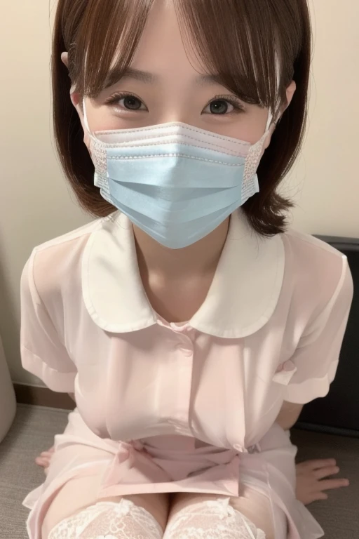 ((highest quality, 8k, masterpiece, Portraiture: 1.3)), (Watching the audience), (Full Shot:0.85),(((sexy lace eye mask))) dental hygienis, 1 person, A little chubby:0.35,Brown wavy hair、 White collared sheer nurse uniform, sheer micro Skirt,((big breasts 2.3)) (big pelvis:0.8), (in dentist), smile:0.2,in office,Good posture,20years old,

