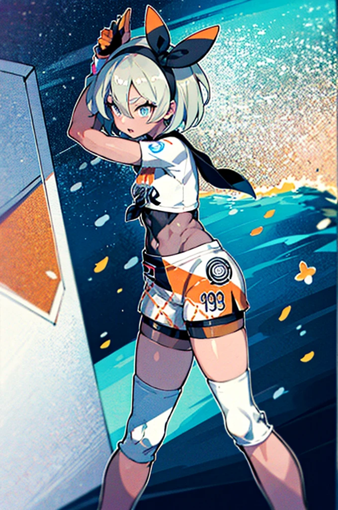 Thick outline, comics, Photographically,   perfect hand, masterpiece:1.2,  colorful ,  Fighting,  training room ,  1 girl,  dynamic pose to focus on pussy, Bee \( Pokémon\),  Bodysuit ,  Bodysuit  under clothes, Printed shirt, Printed shorts,  small breasts,  detailed background,  detailed face ,  detail eyes sitting on a coral reef, 