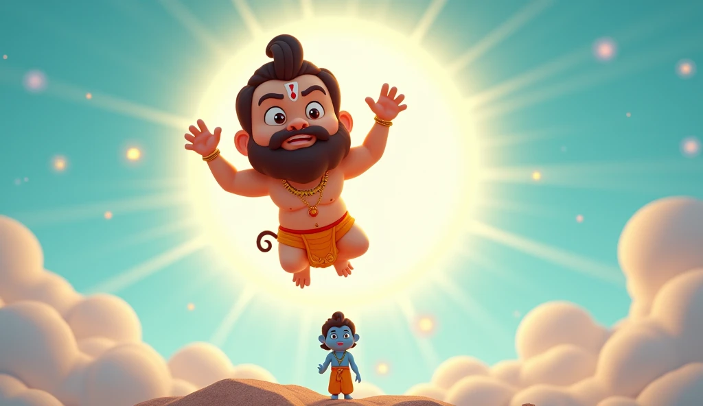 Create cinematic 3d cartoon style images "Vasudeva carrying the newborn Krishna in a basket over his head, walking through the Yamuna River under a stormy, star-lit sky. The serpent Shesha is shown hovering over them, forming a protective canopy."