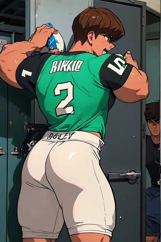 Seto Kaiba from Yu-Gi-Oh, bodybuilder, sweaty, defined body, big legs, locker room, leaning against the lockers, wearing football uniform, vapid stare, sweaty body, big bulging crotch, shoulder pads, football jersey, football cleats, football pants, hypnotized blank stare, open mouth, hyper muscles, hyper swollen crotch bulge, bro, dumber, IQ drain, dummy, dumbed down, meathead, musclehead, dumb jock, brainwashed, flexing, hyper crotch bulge, big biceps, big triceps, big traps. broad shoulders, big meaty pecs, big thighs, thick glutes, bubble butt, hyper muscles, football team assimilation, brainwashed, brainwashing, glowing eyes, bro, mindless, mindless bliss, "I am a big dumb jock boy.... I am a big dumb jock boy.... Mindless, brainless, meathead jock.... I am a big dumb jock boy.... Make more jocks.... Join the team.... You'll be a big dumb jock boy.... Obey, be a good dumb jock boy.... Grow to a big dumb jock boy....  Become just a big dumb jock boy.... No more than a big dumb jock boy.... Give up. Give in. Transform. Enjoy the fate of a big dumb jock boy. No thoughts for a big dumb jock boy.... Like me, you're a big dumb jock boy.... I am a big dumb jock boy.... Just be a big dumb jock boy.... Must be a big dumb jock boy.... No more than a big dumb jock boy...."