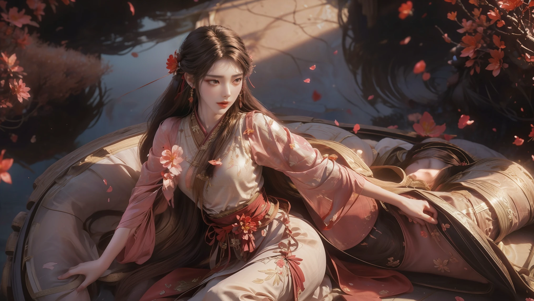 A beautiful woman with perfect curves wearing a long dress that gently flutters in the air,The beautiful woman was lie down in a sea of beautiful flowers surrounding her, Chinese traditional, her flexible body increasing with every movement, So enchanting, the dim candlelight, the glowing butterflies fighting the darkness of the night, the light of the moon, The night wind blowing the curtains, the pink flower petals , flower petals flying around the room, Chinese dancing, This woman is so beautiful that she attracts everyone who watches her, ancient China, imperial empress