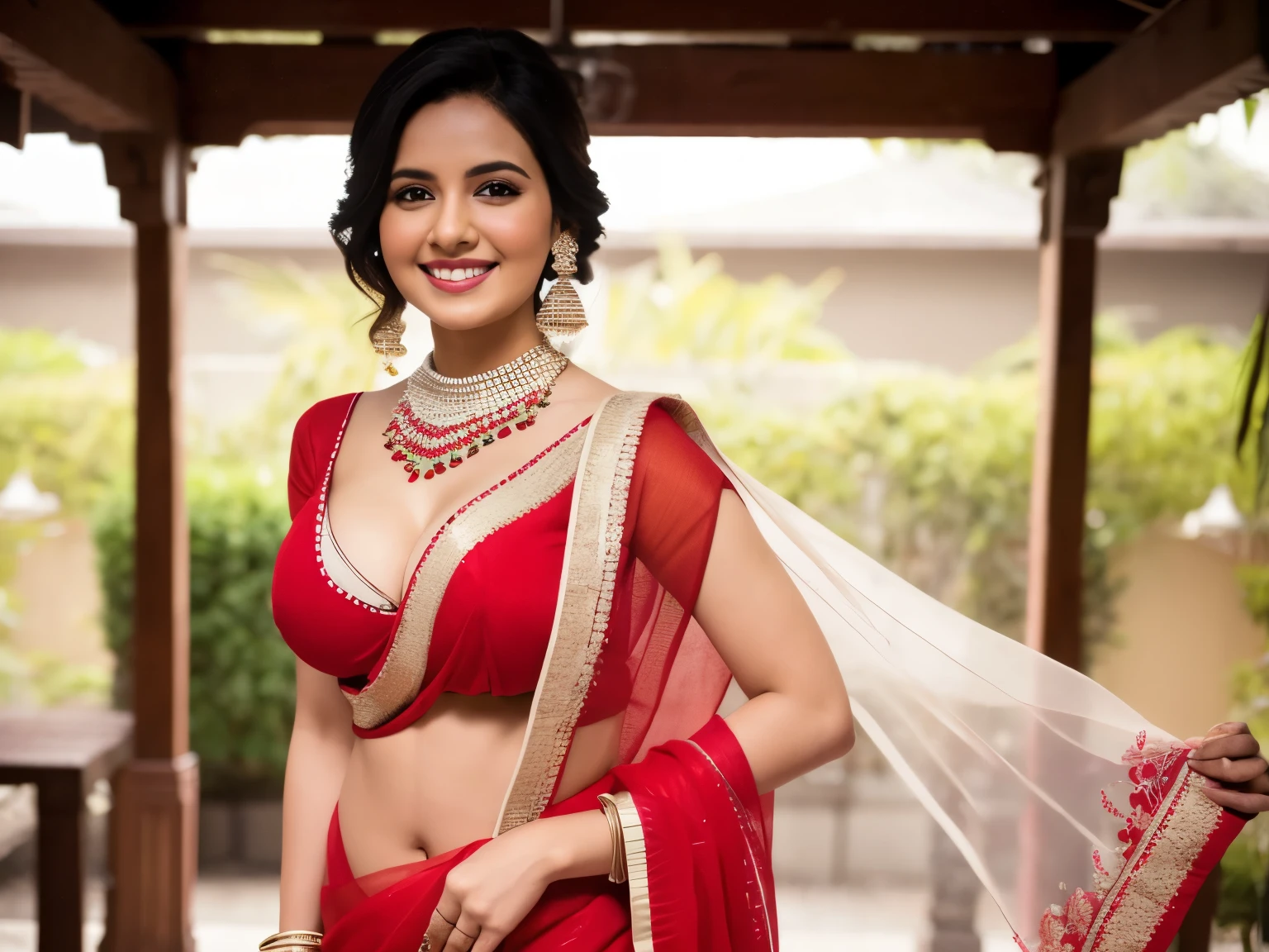 Masterpiece, best quality, white skin full body,, big smile, natural breast, wearing hot indian red saree, cleavage, charming black hair, 