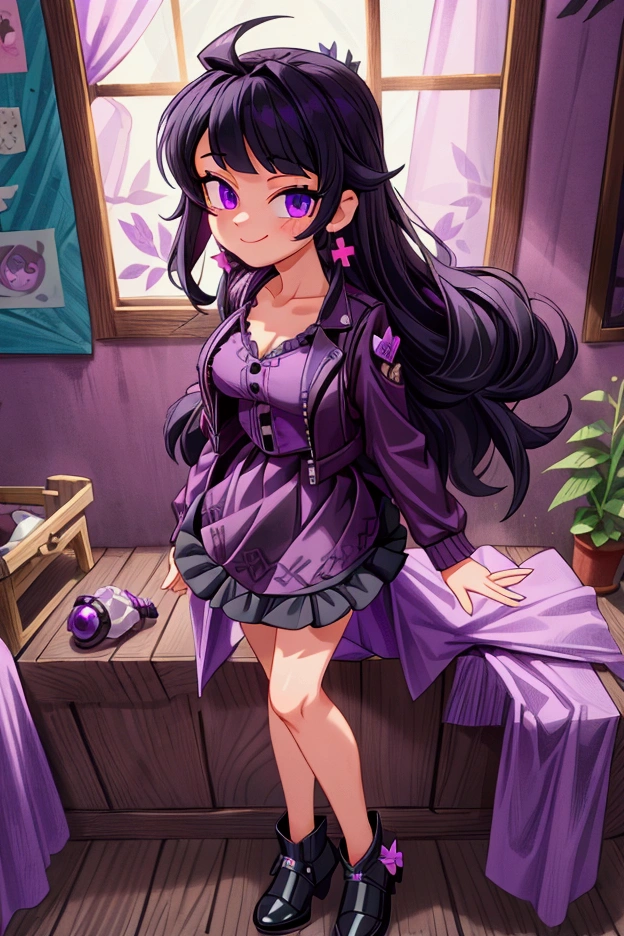 "Masterpiece, best quality, 1 girl, black hair, medium long hair, purple eyes, standing indoors with intricate details and sunlight. Purple frilled dress with short neckline, dark black biker jacket vest, black shoes, cross earrings. Sweet smile, sexy pose, coquette, beautiful legs, mature body, gorgeous, pronounced breasts