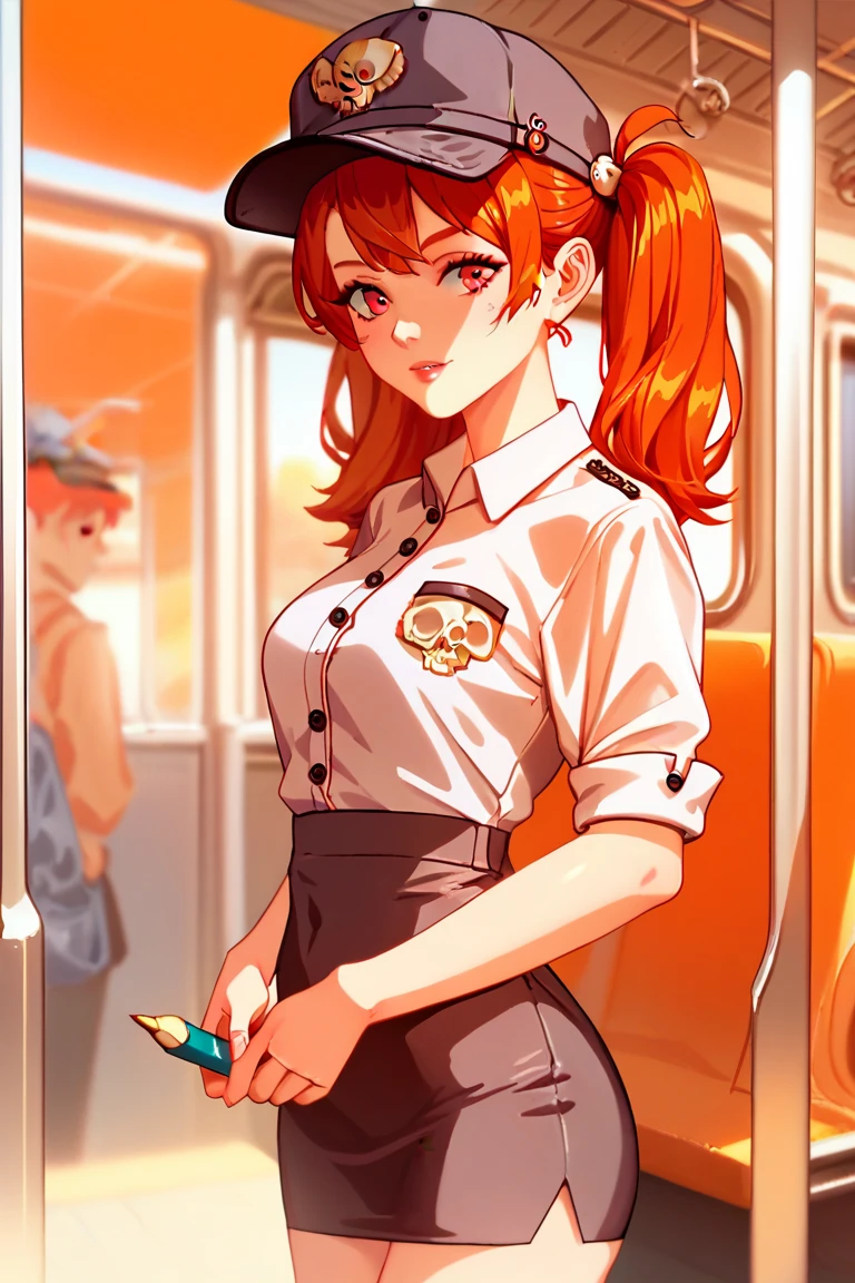 1 Girl,  alone, Redhead, Red Eyes, Twin ponytails, Employee uniform , Pencil Skirt, skull print , Navy cap,  orange sky ,, Outdoors, TRAIN STATION,  standing in front of the bus,, 