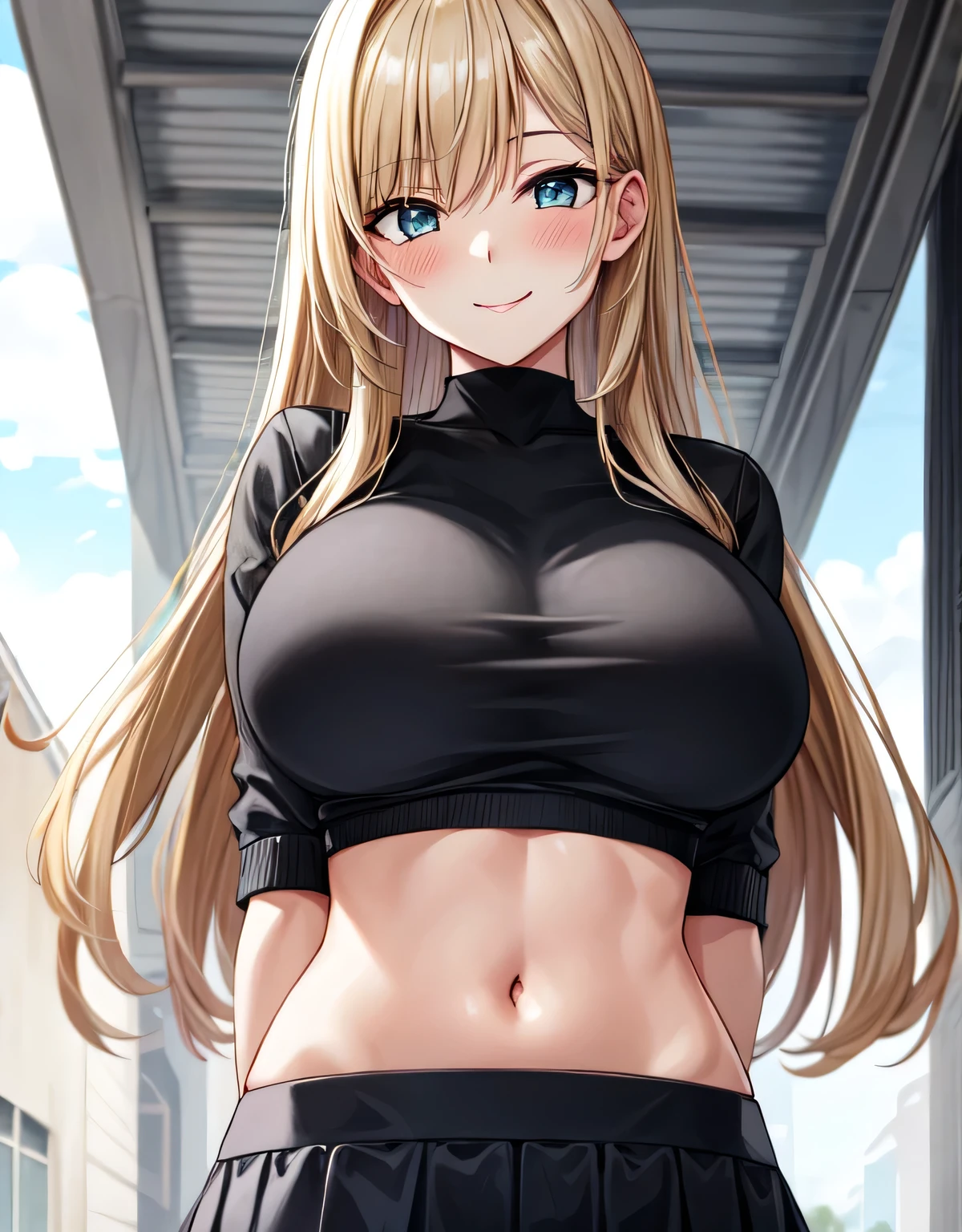 (best quality, masterpiece:1.2), Sketch full view of a hot looking fair skin 29 year old woman standing in front of us. She has blue eyes and long straight blonder hair. She has big breasts, playful smile. She has a nice curvy physique. She is wearing a crop top and lowrider shorts. Underboob showing. Apartment background. Shading. Lighting. sexy pose.