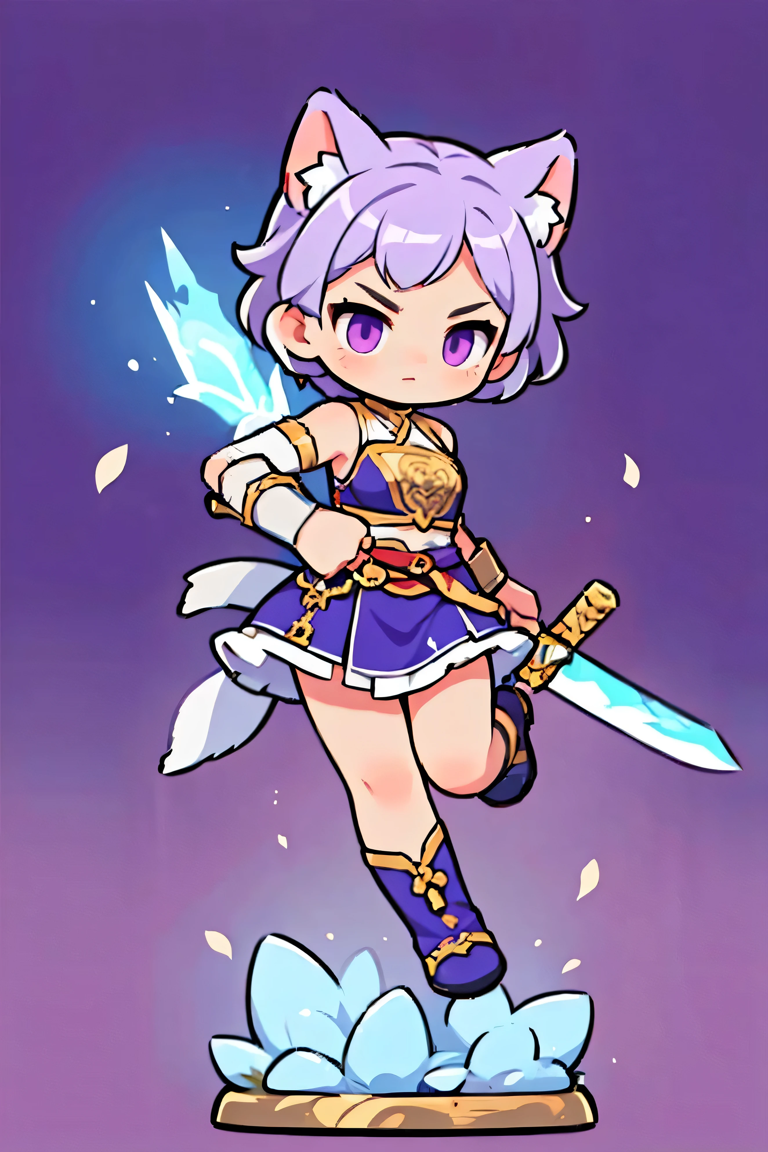 Costume color white, Short hair,  cat ears,  cute female warrior style, European RPG Warrior ,  Greek Style Outfit,   hero pose wielding a sword.  dynamic pose, Battle Action ,  3 tall , Natural background. Pale purple hair,  Full Body Protection ,  purple eyes, Levitation motion that rotates and attacks