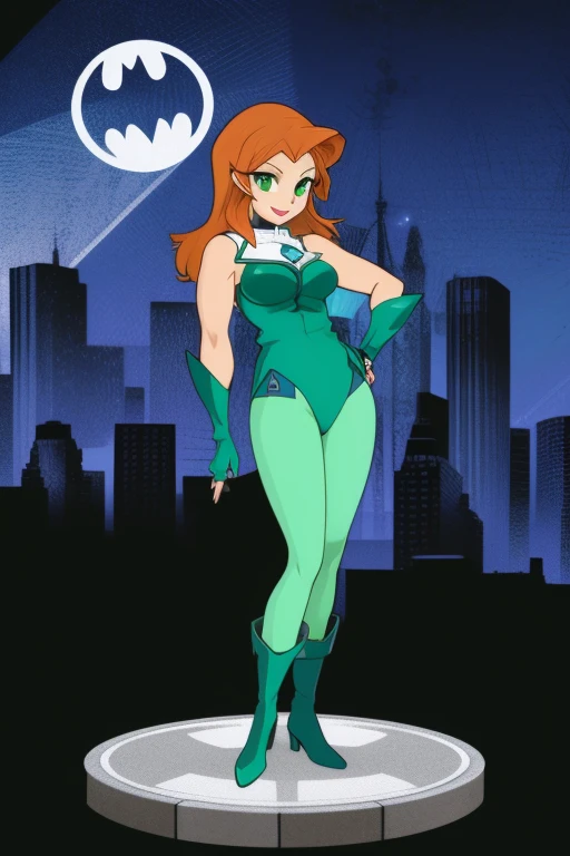 1girl, poison ivy, solo,  long hair, gloves, green_skirt, fingerless gloves, red hair, green eyes, huge_breasts, sleeveless, smile, green_miniskirt,  lipstick, red lipstick, hands on hips, big large breasts, green_school uniform, blue sky,
masterpiece, high quality, very_high_resolution, large_filesize, full color,