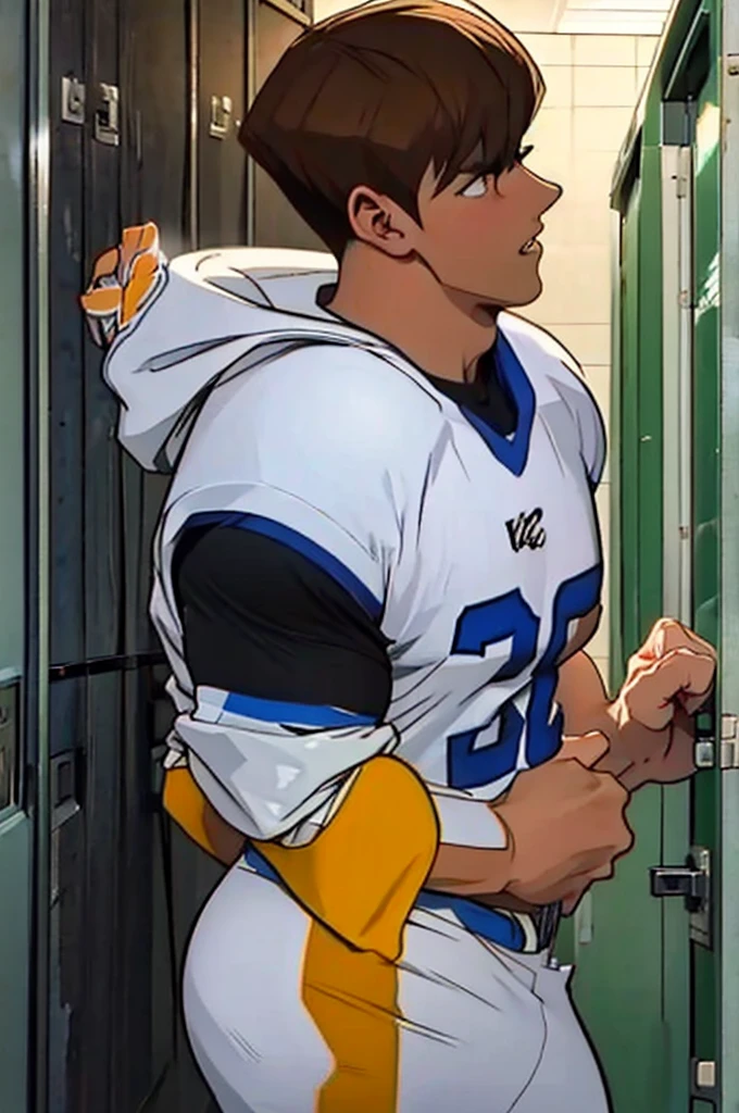 Seto Kaiba from Yu-Gi-Oh, bodybuilder, sweaty, defined body, big legs, locker room, leaning against the lockers, wearing football uniform, vapid stare, sweaty body, big bulging crotch, shoulder pads, football jersey, football cleats, football pants, hypnotized blank stare, open mouth, hyper muscles, hyper swollen crotch bulge, bro, dumber, IQ drain, dummy, dumbed down, meathead, musclehead, dumb jock, brainwashed, flexing, hyper crotch bulge, big biceps, big triceps, big traps. broad shoulders, big meaty pecs, big thighs, thick glutes, bubble butt, hyper muscles, football team assimilation, brainwashed, brainwashing, glowing eyes, bro, mindless, mindless bliss, "I am a big dumb jock boy.... I am a big dumb jock boy.... Mindless, brainless, meathead jock.... I am a big dumb jock boy.... Make more jocks.... Join the team.... You'll be a big dumb jock boy.... Obey, be a good dumb jock boy.... Grow to a big dumb jock boy....  Become just a big dumb jock boy.... No more than a big dumb jock boy.... Give up. Give in. Transform. Enjoy the fate of a big dumb jock boy. No thoughts for a big dumb jock boy.... Like me, you're a big dumb jock boy.... I am a big dumb jock boy.... Just be a big dumb jock boy.... Must be a big dumb jock boy.... No more than a big dumb jock boy...."