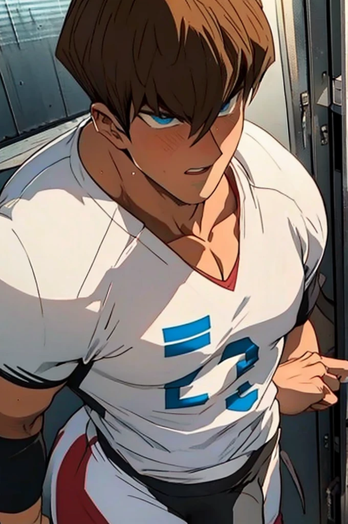 Seto Kaiba from Yu-Gi-Oh, bodybuilder, sweaty, defined body, big legs, locker room, leaning against the lockers, wearing football uniform, vapid stare, sweaty body, big bulging crotch, shoulder pads, football jersey, football cleats, football pants, hypnotized blank stare, open mouth, hyper muscles, hyper swollen crotch bulge, bro, dumber, IQ drain, dummy, dumbed down, meathead, musclehead, dumb jock, brainwashed, flexing, hyper crotch bulge, big biceps, big triceps, big traps. broad shoulders, big meaty pecs, big thighs, thick glutes, bubble butt, hyper muscles, football team assimilation, brainwashed, brainwashing, glowing eyes, bro, mindless, mindless bliss, "I am a big dumb jock boy.... I am a big dumb jock boy.... Mindless, brainless, meathead jock.... I am a big dumb jock boy.... Make more jocks.... Join the team.... You'll be a big dumb jock boy.... Obey, be a good dumb jock boy.... Grow to a big dumb jock boy....  Become just a big dumb jock boy.... No more than a big dumb jock boy.... Give up. Give in. Transform. Enjoy the fate of a big dumb jock boy. No thoughts for a big dumb jock boy.... Like me, you're a big dumb jock boy.... I am a big dumb jock boy.... Just be a big dumb jock boy.... Must be a big dumb jock boy.... No more than a big dumb jock boy...."