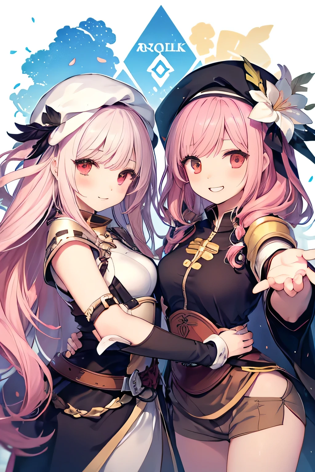 Men's couples(lord knight male),(( ragnarok online )( Feather beret)) And girl smiling ,  shaking hands , ( showing teeth ), standing,  pink hair color, combat pose,  mmorpg background ,  mmorpg background (A stranger), complete anatomy,   graphic effects ,  ornament of an accessory shaped like a flower on her head , aura, Monk black and white uniform( ragnarok online ), white hood( ragnarok online ), height 159 cm  ( 5 feet 3 inches ), hard fists ,  caste summoning circle ability Guillotine Fist((kanji)( ragnarok online ), Blue Fire Force +vapor,  fire around, strong breeze , black and white cat mascot ,  sakura petals and leaves, first person, blush,  looking at the spectator , Charm, Pausa de toque ciego  looking at the spectator , 