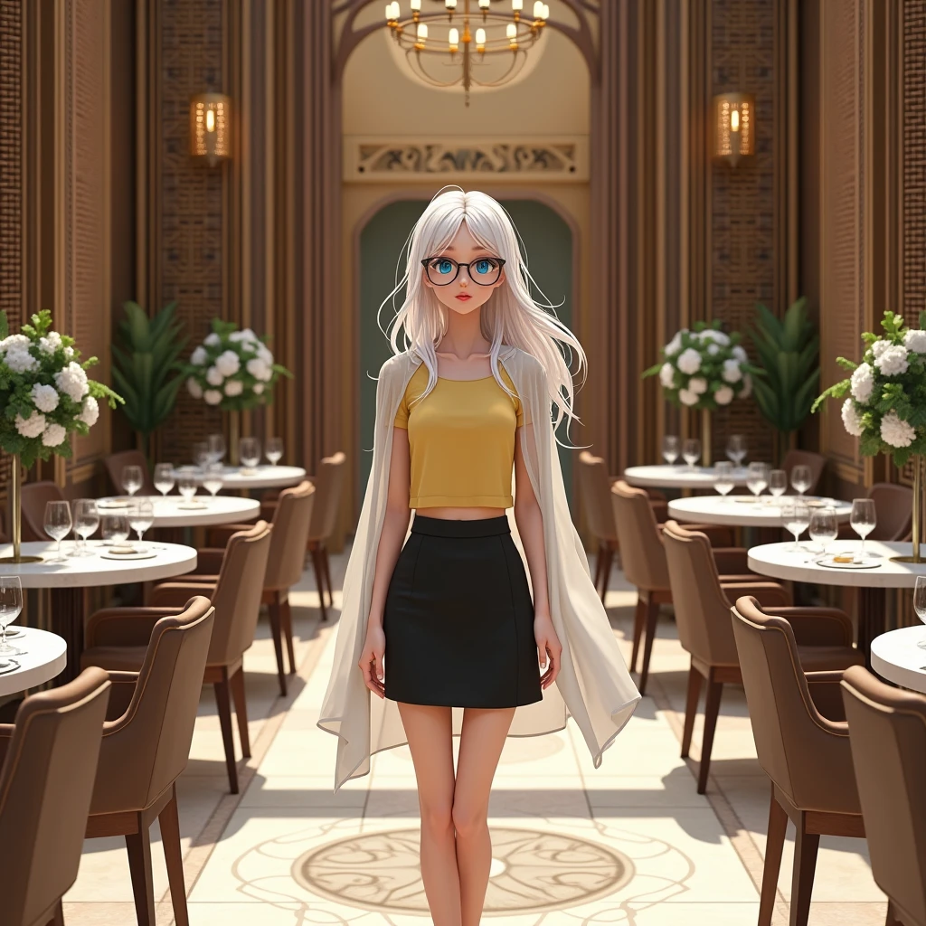 young woman, beautiful, eyes are blue,  white hair , Black Skirt ,  Yellow T-shirt and Light Cape ,  Cute with Long Hair ,  Translucent glasses ,  Standing in the Restaurant Center ,  Pushes back the chair ,  ready to sit at a table ,  Restaurant with Beautiful Round Marble Tables, fresh flowers,  on the walls Luxurious Patterned Images ,  All sorts of Wooden curtains Wicker with beads ,  Each table is separated into sectors ,  Beautiful tile floor design , 8 k,  best quality ,