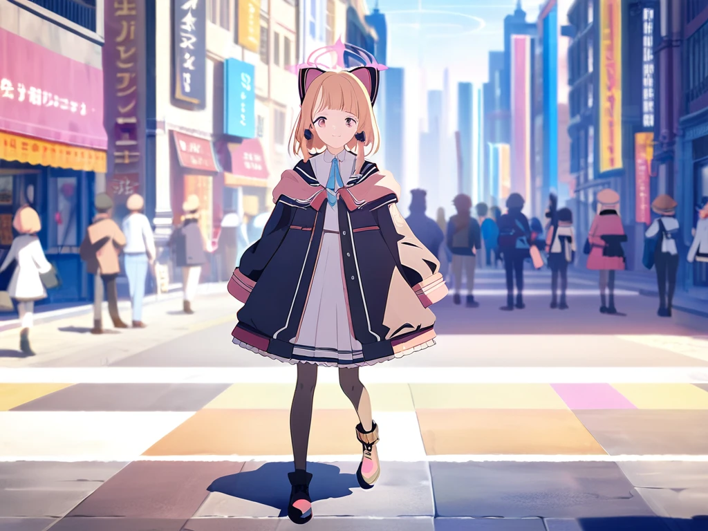 A character-focused composition, the central figure standing out vividly against a subtle, blurred background. The character is detailed and expressive, with intricate clothing and accessories. The lighting highlights their features, emphasizing their face and upper body. The background remains minimalistic, ensuring the character is the primary focus of the artwork. The scene captures their personality, mood, and emotions, drawing attention to the fine details of their appearance, Walking through the streets of a bustling city, surrounded by tall buildings with intricate architecture, vibrant storefronts, and colorful signs. The sidewalk is busy with people, and the atmosphere is filled with the hum of urban life. Soft sunlight filters through the gaps between buildings, casting dynamic shadows on the pavement. The mood is lively and energetic, capturing the essence of modern city life, Momoi from Blue Archive, 