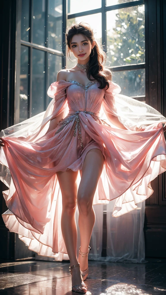 Paint a fashion illustration showcasing a model in a striking evening gown, under soft moonlight