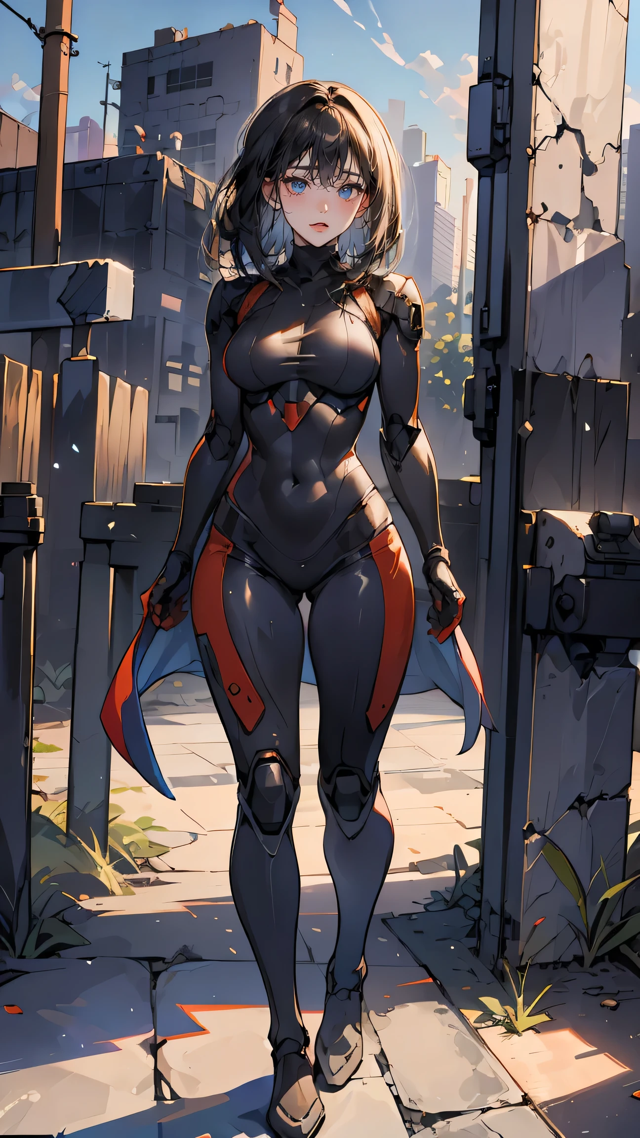 (high resolution, pixel perfect, gorgeous illustrations), (hyper quality, muste piece, etheric: 1.4), ((1girl)), woman, (((((stand,open legs))))), cool atmosphere, long black hair, ((Exquisite face)), ((naughty face)), (((((((muscular))))))), ((thick thighs)), (((wide hips))), ((Big breasts that are about to burst)), fighter, (((wh_chi_armor, black_zentai, black_bodystocking))), see through, (((cameltoe))), shiny skin, gleaming skin, sweat, simple background,