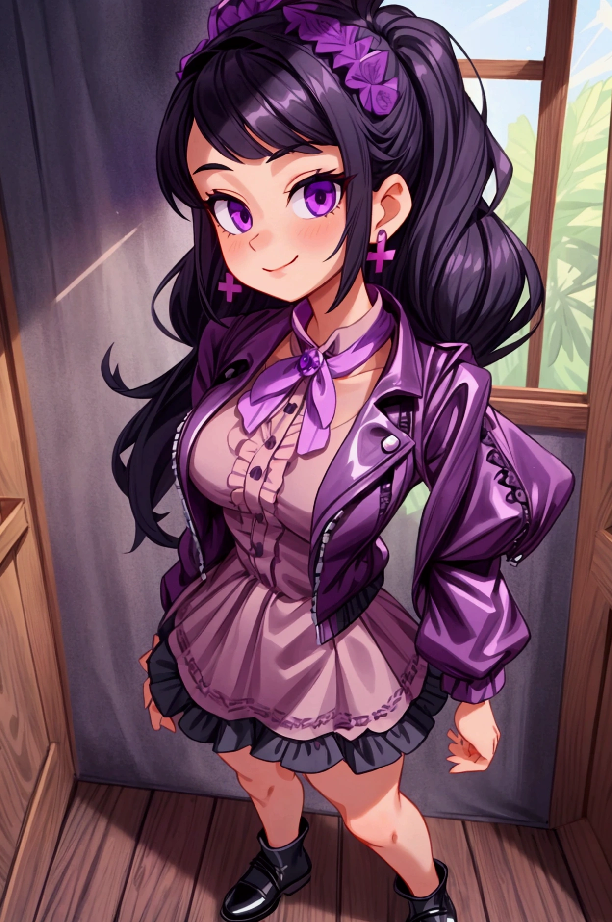 "Masterpiece, best quality, 1 girl, black hair, medium long hair, purple eyes, standing indoors with intricate details and sunlight. Purple frilled dress with short neckline, dark black biker jacket vest, black shoes, cross earrings. Sweet smile, sexy pose, coquette, beautiful legs, mature body, gorgeous, pronounced breasts