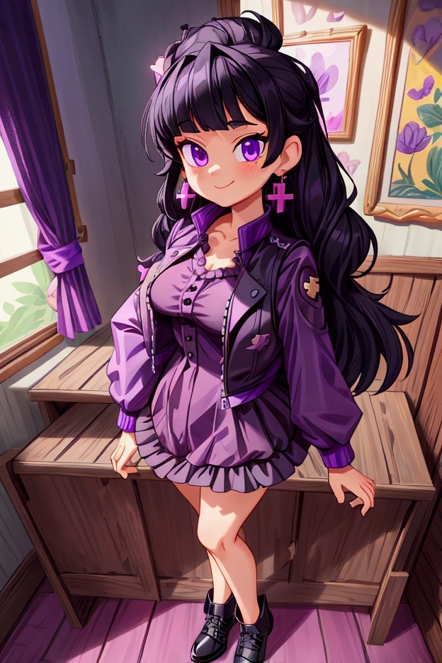 "Masterpiece, best quality, 1 girl, black hair, medium long hair, purple eyes, standing indoors with intricate details and sunlight. Purple frilled dress with short neckline, dark black biker jacket vest, black shoes, cross earrings. Sweet smile, sexy pose, coquette, beautiful legs, mature body, gorgeous, pronounced breasts