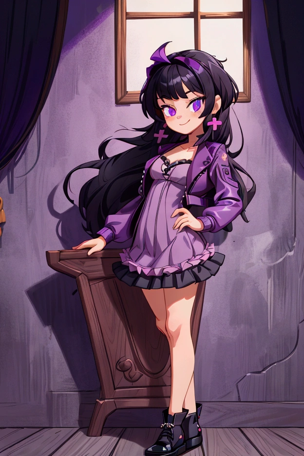 "Masterpiece, best quality, 1 girl, black hair, medium long hair, purple eyes, standing indoors with intricate details and sunlight. Purple frilled dress with short neckline, dark black biker jacket vest, black shoes, cross earrings. Sweet smile, sexy pose, coquette, beautiful legs, mature body, gorgeous, pronounced breasts