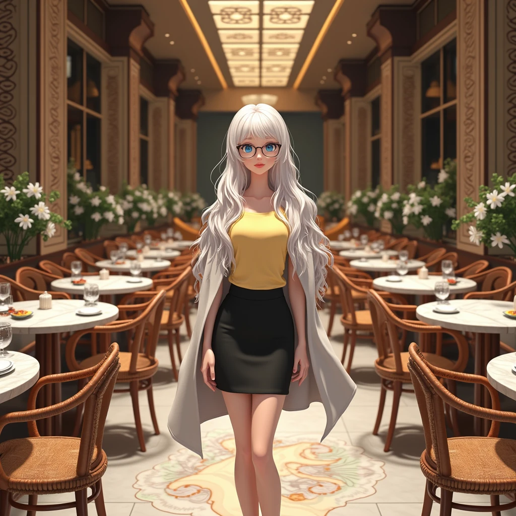 young woman, beautiful, eyes are blue,  white hair , Black Skirt ,  Yellow T-shirt and Light Cape ,  Cute with Long Hair ,  Translucent glasses ,  Standing in the Restaurant Center ,  Pushes back the chair ,  ready to sit at a table ,  Restaurant with Beautiful Round Marble Tables, fresh flowers,  on the walls Luxurious Patterned Images ,  All sorts of Wooden curtains Wicker with beads ,  Each table is separated into sectors ,  Beautiful tile floor design , 8 k,  best quality ,