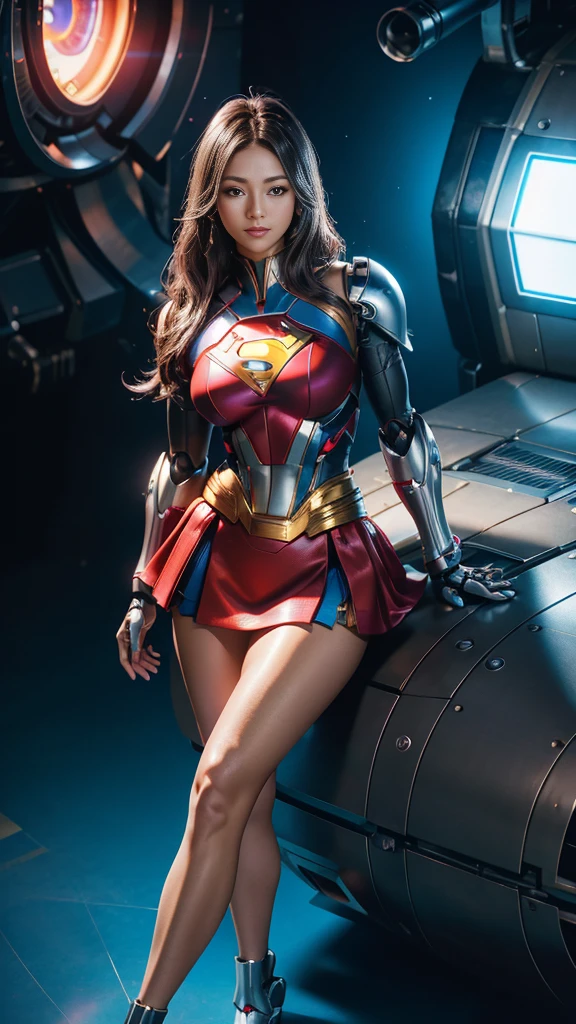  Anime Style , (retro-futuristic cyborg robot superman girl),  stunningly beautiful portrait photo of alina gorokhova, 21 years old,  full body, Top Angle, Superman's S-shaped mark on her chest ,  Big breasts that stick out of the body  ,   erect nipples that can be seen from the top of the costume, Waist with slender abs , Big Round Ass ,   erectile nipples that can be seen from above the costume ,  pubic part that shows the shape of her muscles even from the top of the costume ,   Full body balance and attractive body line  ,  emphasizes her large breasts , Bright smile,  miniskirt that snaps around the knee, smooth creamy skin, beautiful red eyes,  Beautiful Face Details , ((manhattan background) )), low-mid-angle shot, greedy and alluring, incredibly euphoric beautiful, Vivid emotions, pink fuzz, symmetrical circular iris, natural glitter makeup, Detailed Humidity, Detailed water droplets, intricately detailed locks of hair,  DSLRs, ray-traced reflections, Symmetrical face and body, CGSociety, hidden reflection, concentrated, motor Unreal 5, visual effects,  Film Photography, 極端な詳細, Ultra HD, Post-processing, post-production, close-up portrait of a , Tambir Tamim,  Super Realistic Photos, shot with Hasselblad X1D-50c, ISO100 , retro-futuristic cyborg,cyborg neon lights,big ,red rays of light in the eyes , VERY SEXY