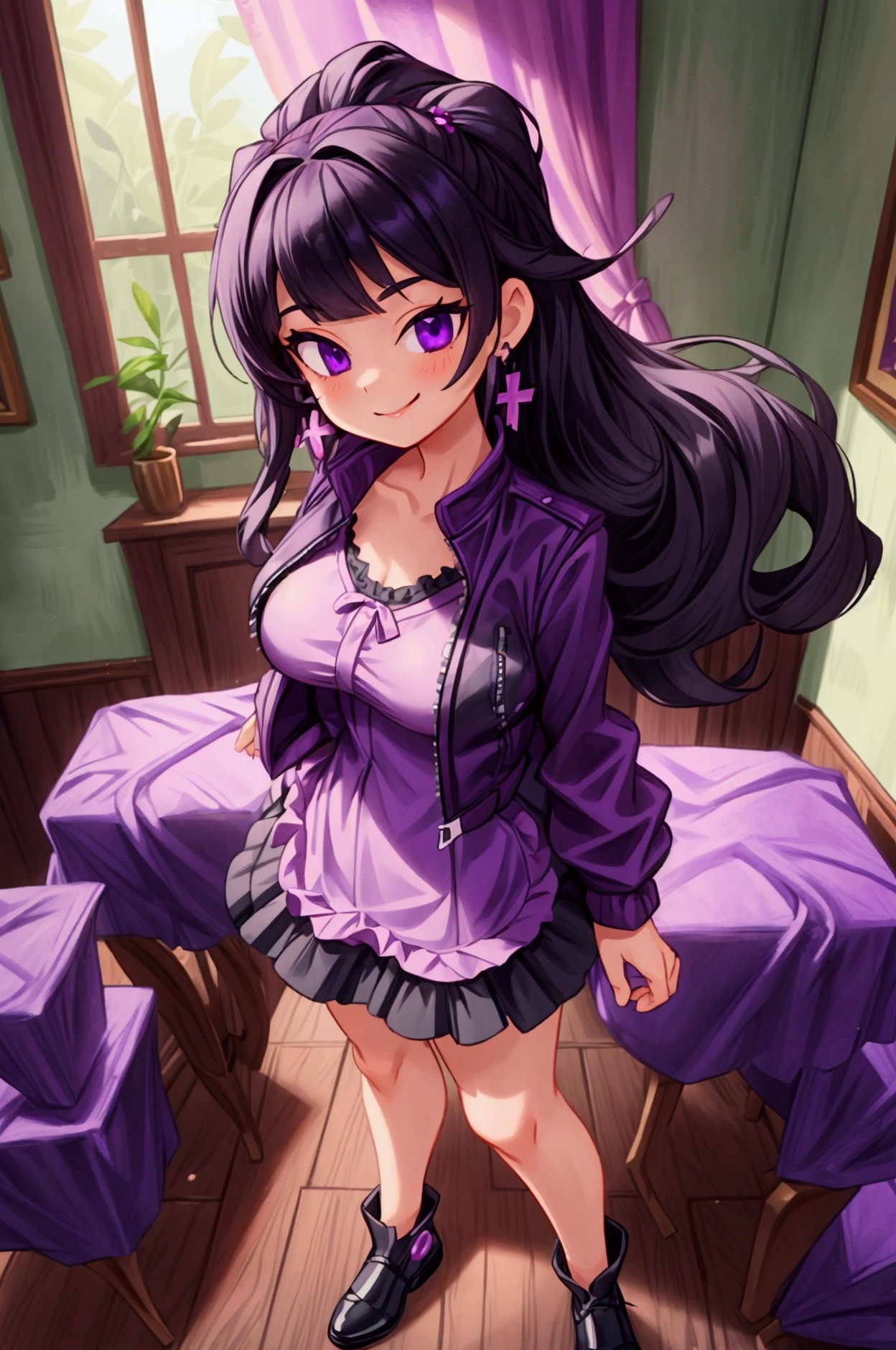 "Masterpiece, best quality, 1 girl, black hair, medium long hair, purple eyes, standing indoors with intricate details and sunlight. Purple frilled dress with short neckline, dark black biker jacket vest, black shoes, cross earrings. Sweet smile, sexy pose, coquette, beautiful legs, mature body, gorgeous, pronounced breasts