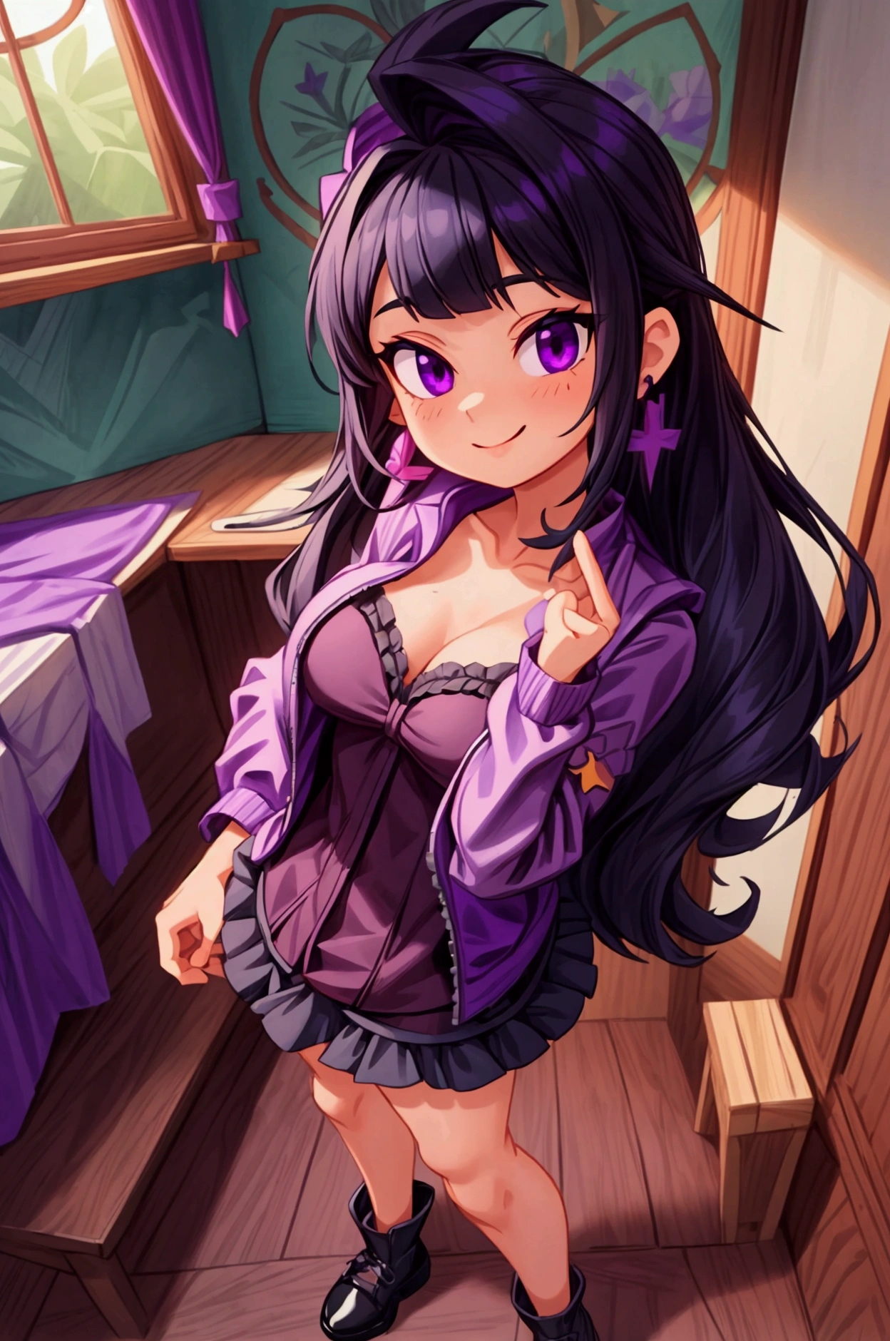 "Masterpiece, best quality, 1 girl, black hair, medium long hair, purple eyes, standing indoors with intricate details and sunlight. Purple frilled dress with short neckline, dark black biker jacket vest, black shoes, cross earrings. Sweet smile, sexy pose, coquette, beautiful legs, mature body, gorgeous, pronounced breasts