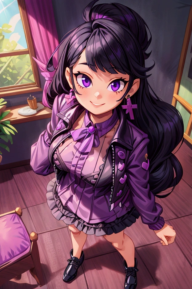 "Masterpiece, best quality, 1 girl, black hair, medium long hair, purple eyes, standing indoors with intricate details and sunlight. Purple frilled dress with short neckline, dark black biker jacket vest, black shoes, cross earrings. Sweet smile, sexy pose, coquette, beautiful legs, mature body, gorgeous, pronounced breasts