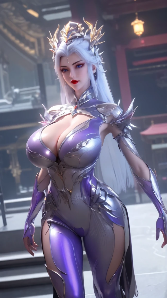 A beauty girl with white hair, 1GIRL, (MECHA PHOENIX GOLD HELM:1),((HUGE FAKE BREASTS,CLEAVAGE:1.5)), (MUSCLE ABS:1.3), ((MECHA GUARD ARMS,LED BODY:1.1)), (PURPLE SHINY FUTURISTIC MECHA BRA,BLACK SKINTIGHT MECHA SUIT:1.5), (PERFECT THICK BODY, GLOWING BODY SKIN:1.1), (LOOKING AT VIEWER:1.3), (HALLWAY OF FUTURISTIC SPACE STATION:1), (BRIGHT LIGHT WHITE_ROOM:1.3), HYPER TEXTURE, UNREAL ENGINE RENDER, PHYSICALLY-BASED RENDERING, ULTRA HIGHT DEFINITION, 16K, 1080P.