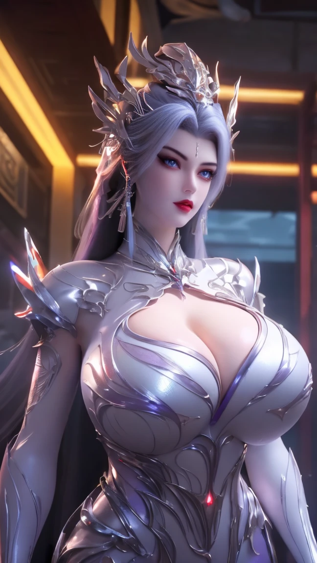 A beauty girl with white hair, 1GIRL, (MECHA PHOENIX GOLD HELM:1),((HUGE FAKE BREASTS,CLEAVAGE:1.5)), (MUSCLE ABS:1.3), ((MECHA GUARD ARMS,LED BODY:1.1)), (PURPLE SHINY FUTURISTIC MECHA BRA,BLACK SKINTIGHT MECHA SUIT:1.5), (PERFECT THICK BODY, GLOWING BODY SKIN:1.1), (LOOKING AT VIEWER:1.3), (HALLWAY OF FUTURISTIC SPACE STATION:1), (BRIGHT LIGHT WHITE_ROOM:1.3), HYPER TEXTURE, UNREAL ENGINE RENDER, PHYSICALLY-BASED RENDERING, ULTRA HIGHT DEFINITION, 16K, 1080P.