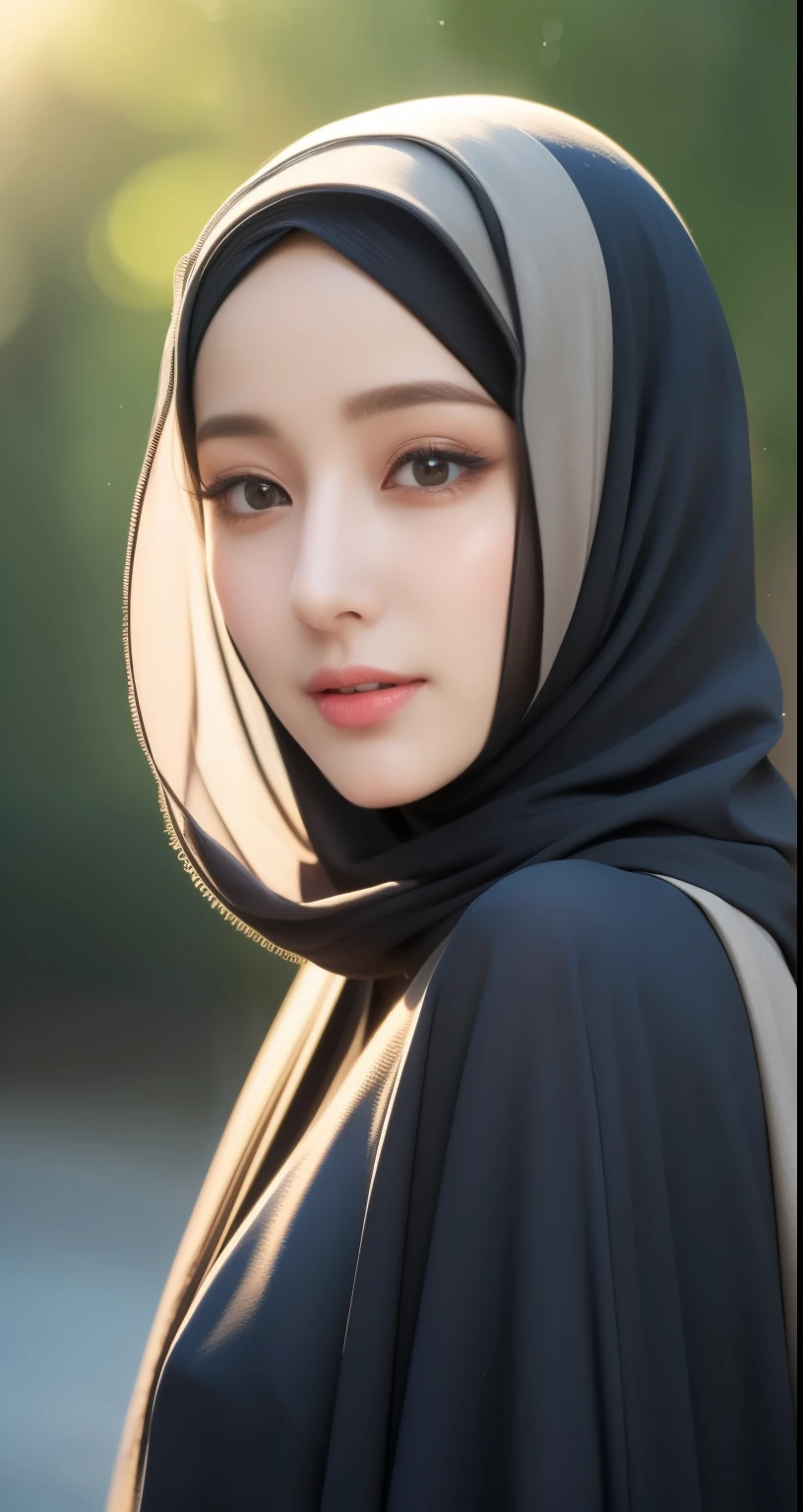 21 years old girl, beautiful hijab girl, hijab fashion outfit, olive skin tone, Hijab abaya trendy long outfit, hijab abaya blush, shooting from face to thighs, close-up shots, night caffe, caffe backround, detaild face, detailed eyes, long eyelashes, detailed lips,detailed nose,(best quality,4k,8k,highres,masterpiece:1.2),ultra-detailed,(realistic,photorealistic,photo-realistic:1.37),cinematic lighting,blue sky,intricate details,vibrant colors,elegant pose,dynamic composition,natural lighting