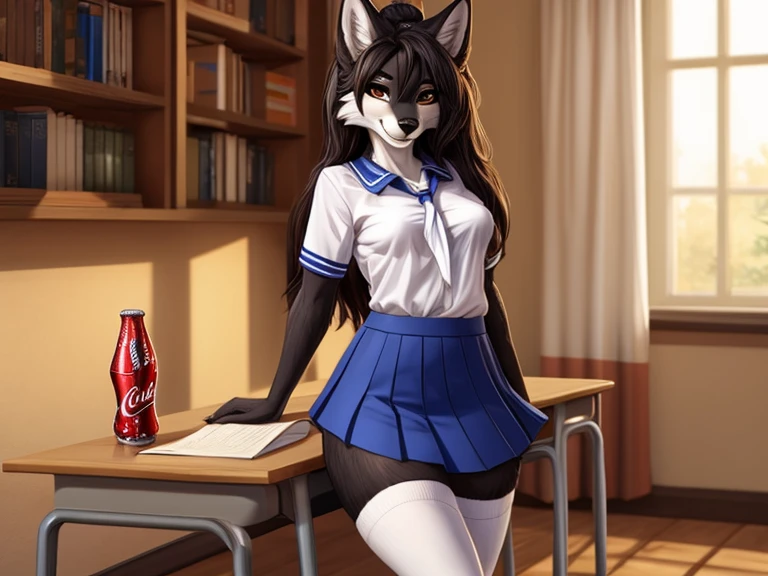 (((sfw)))), beautiful and detailed,woman (((female))) ((anthro)) wolf, Ross Tran, by ruan jia, by zaush, by foxovh, lighting cinematic, wolf, (huge chest), full body view, 1woman, anthro wolf woman, body fur, solo, medium breasts, (thick thighs), curvy, cute, black hair with grey highlights, ((She showing her sensuality) ( blue collar.) hottest hot 1st position for sexy blue eyes comfortable naughty face anime-style cartoon-style squirrel ears with black hair) (clothes color blue, black and white) (high school uniform), high school girl, ((shirt tucked into skirt)), ((high school shirt)), ((mini skirt)), ((thick sexy fishnet thigh highs)),
