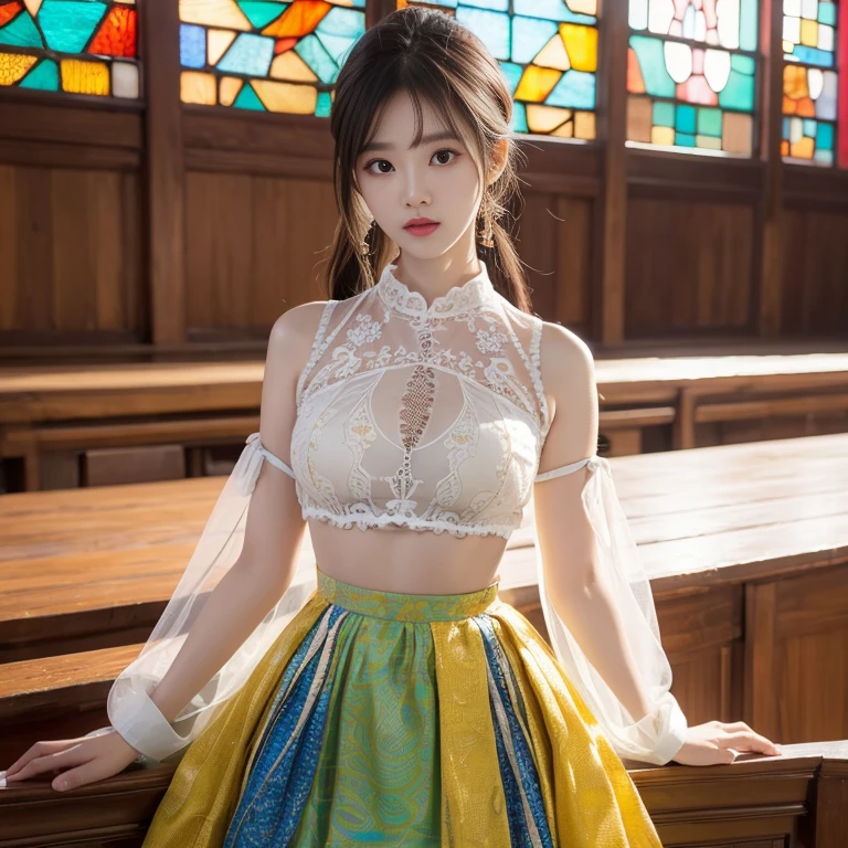 (photorealism:1.2), masterpiece, textured skin, high details, high quality.  Korean girl. Cybug, Super complex pattern , Colorful patterns,  luminescent stained glass transparent clothes.