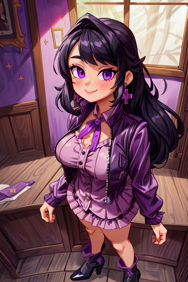 "Masterpiece, best quality, 1 girl, black hair, medium long hair, purple eyes, standing indoors with intricate details and sunlight. Purple frilled dress with short neckline, dark black biker jacket vest, black heels, cross earrings. Sweet smile, sexy pose, coquette, beautiful legs, mature body, gorgeous, pronounced breasts